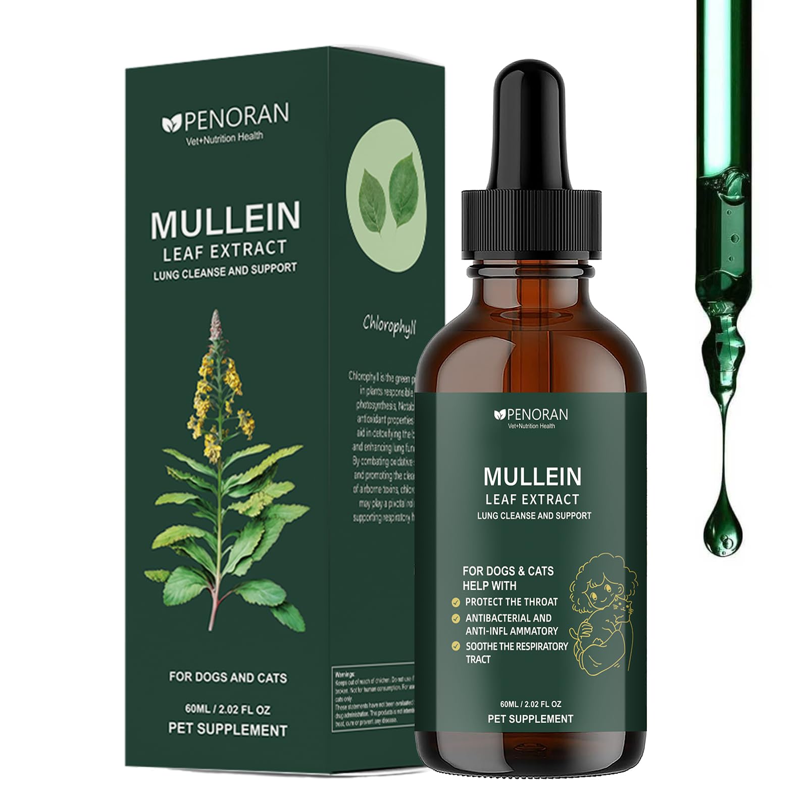 Penoran gouttes molene bouteille, soutien respiratoire naturel pour chiens et chats.
