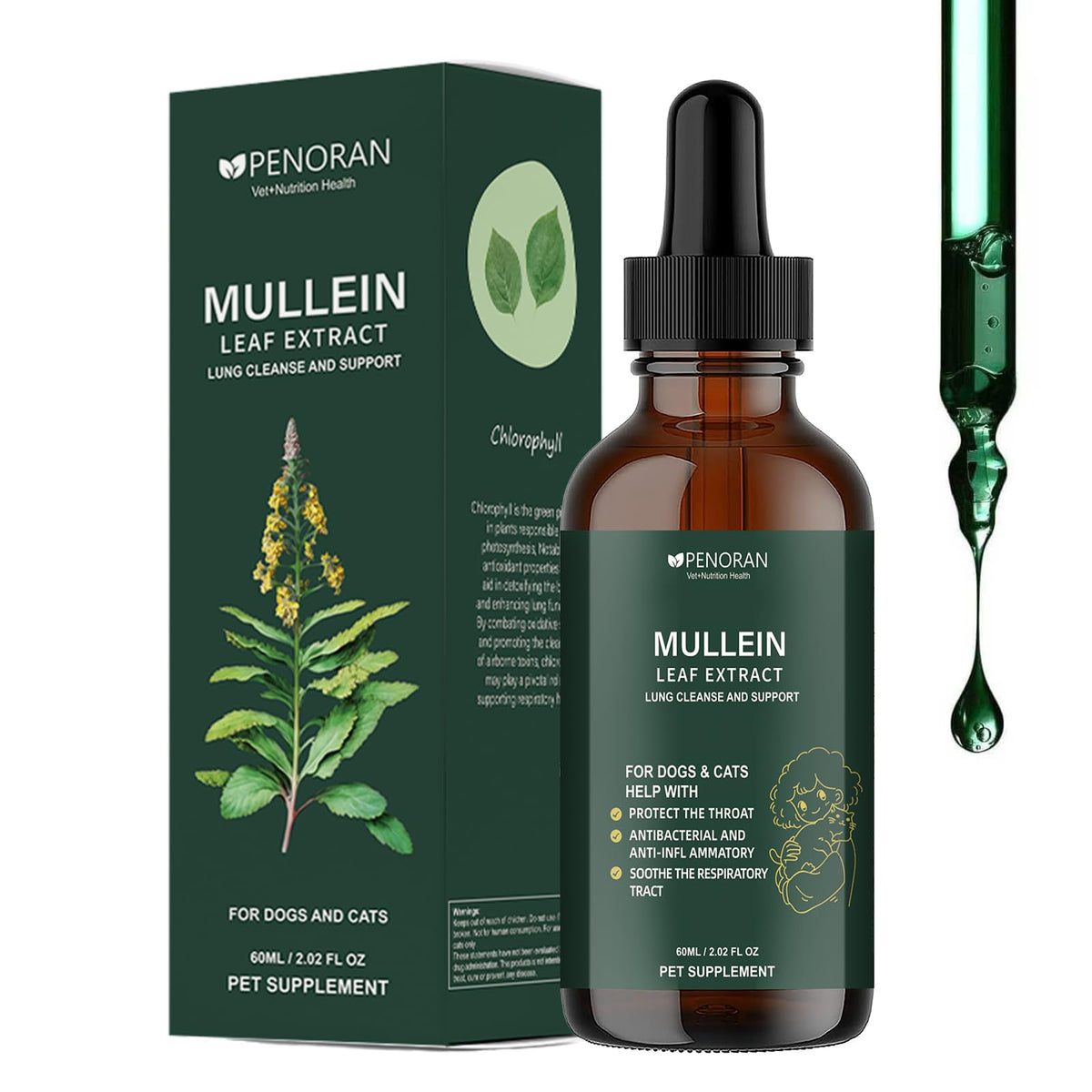 Penoran gouttes molene bouteille, soutien respiratoire naturel pour chiens et chats.