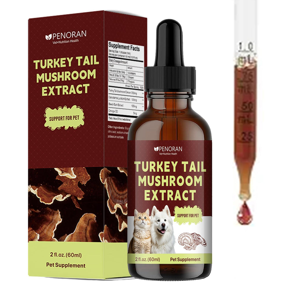 Penoran Turkey Tail gouttes dans bouteille, dose facile pour chiens et chats.