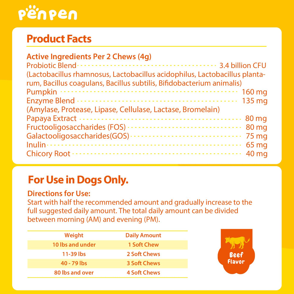 PENPEN Probiotiques chien – gomme-boeuf, saveur appréciée par les chiens.