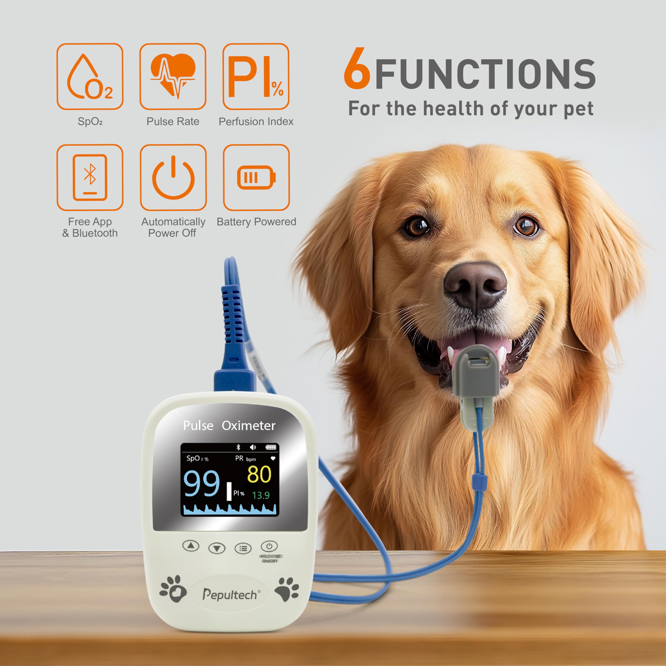 Pepultech oxymètre chien connectivité Bluetooth pour transfert rapide vers tablette
