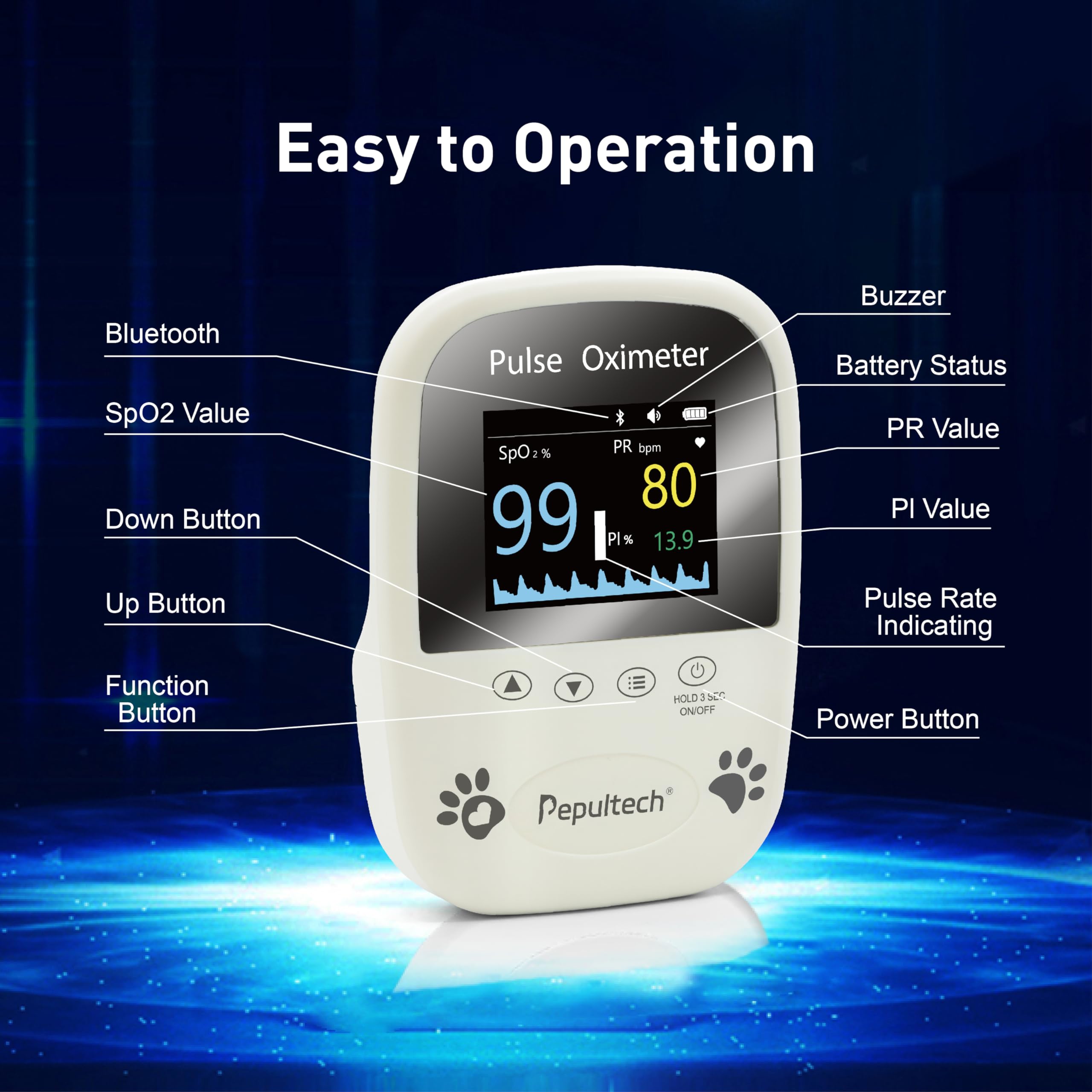 Pepultech oxymètre chien utilisation à une touche pour simplicité