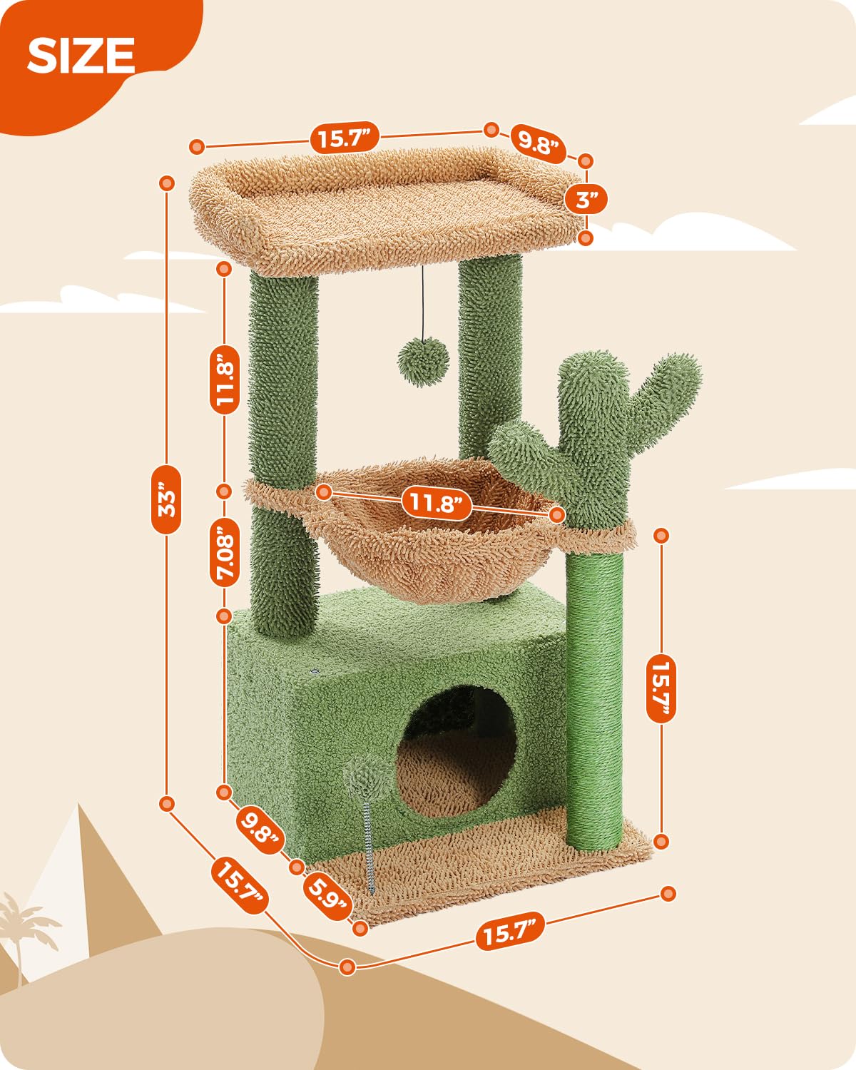 PEQULTI arbre chat cactus 4-en-1, base anti-chute pour stabilité renforcée.