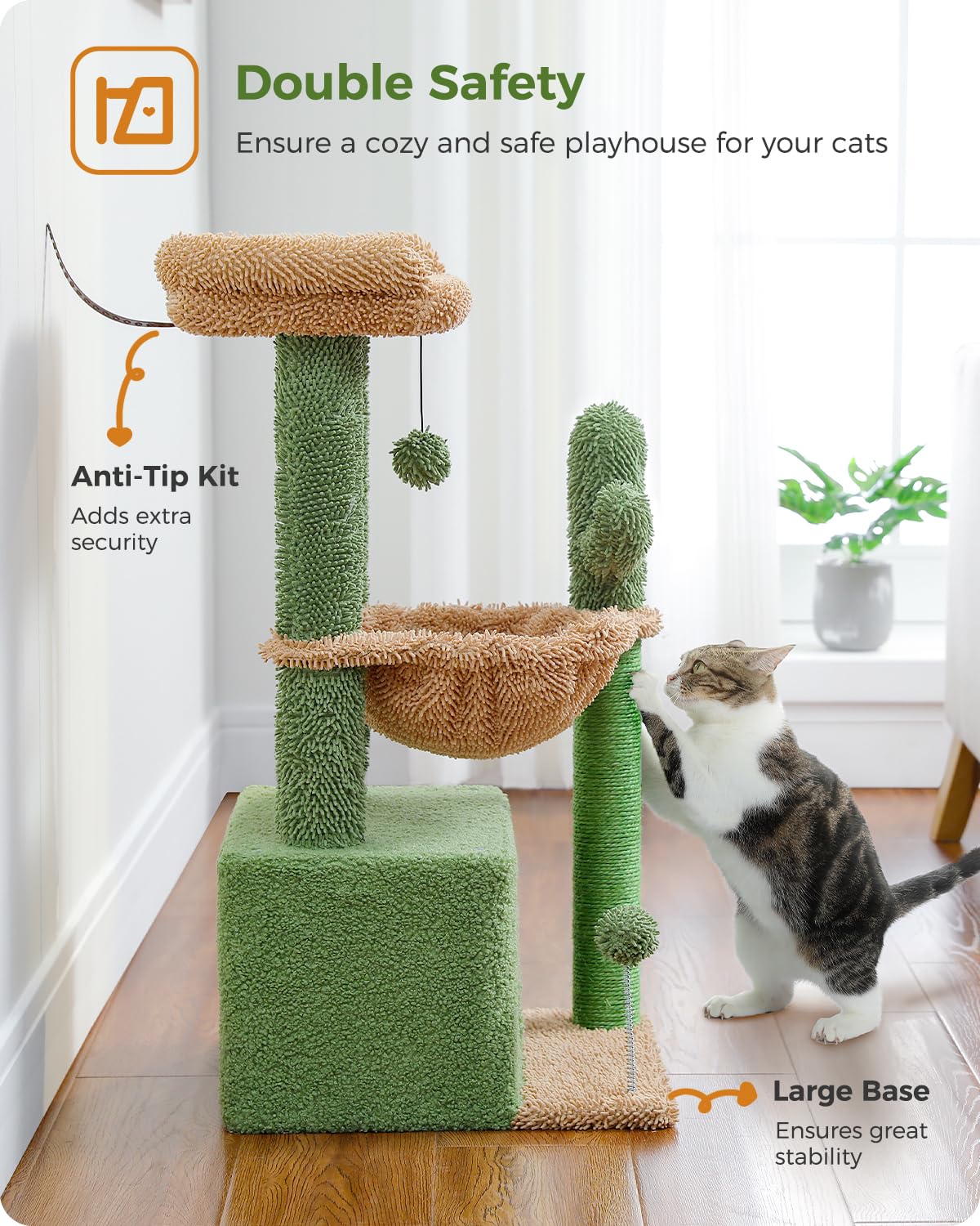 PEQULTI arbre chat cactus 4-en-1, boules et pompons pour l’amusement.