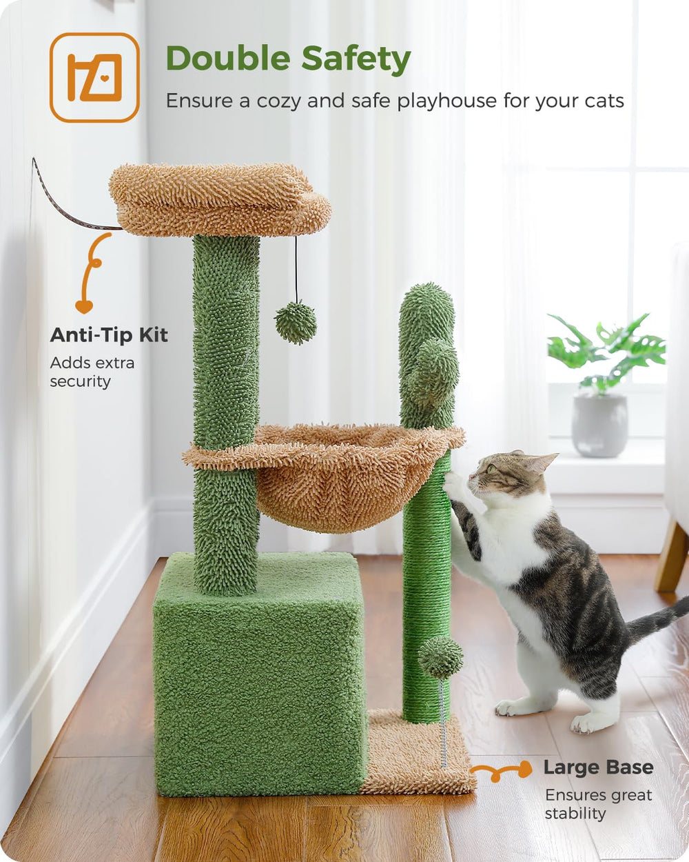 PEQULTI arbre chat cactus 4-en-1, boules et pompons pour l’amusement.