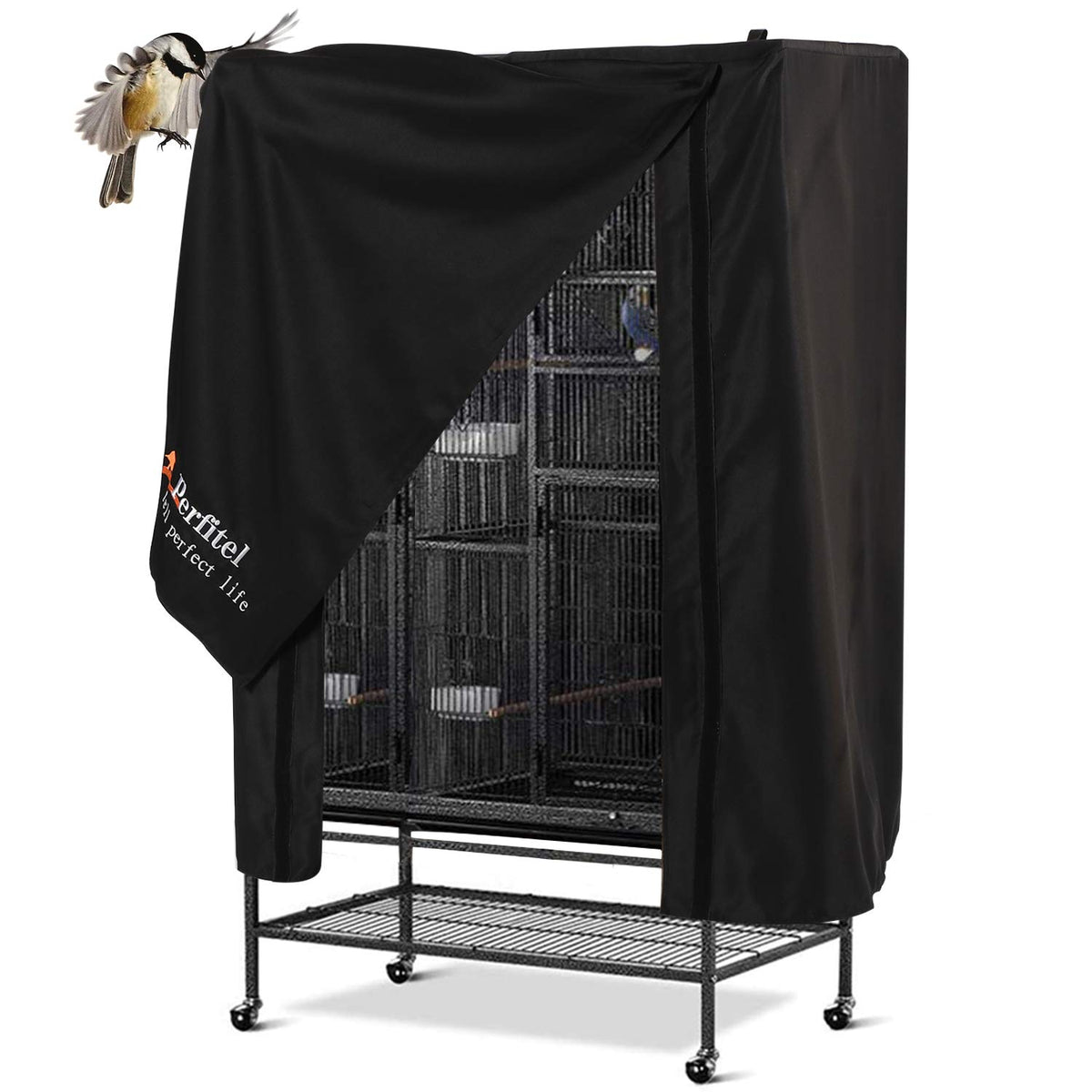 Couvre-cage Perfitel noir pour oiseau, vue avant, bloque la lumière pour une sieste calme.