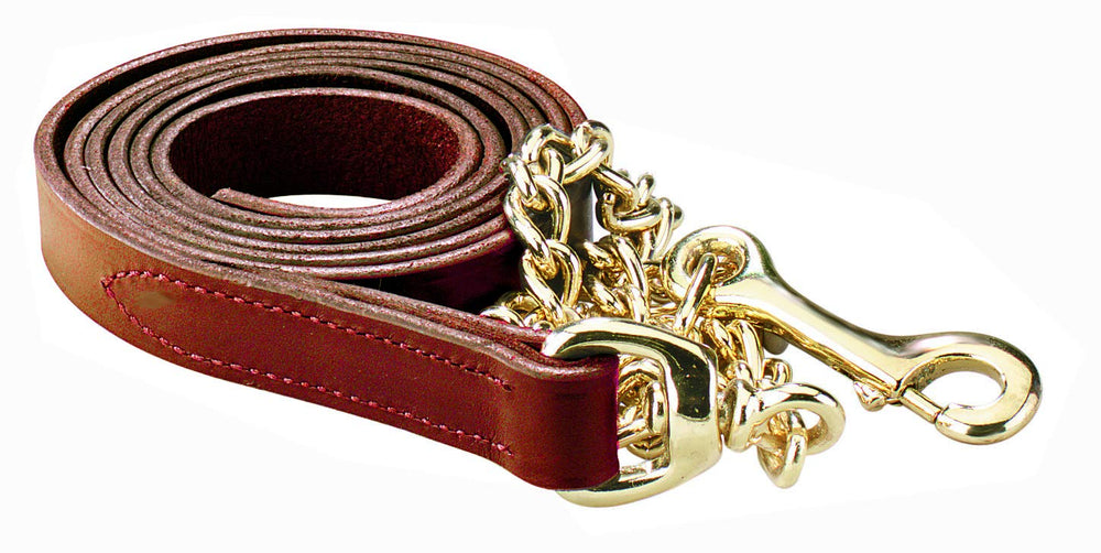 Laisse Perri's en cuir marron avec chaîne en laiton de 30 pouces, idéale pour les promenades quotidiennes.