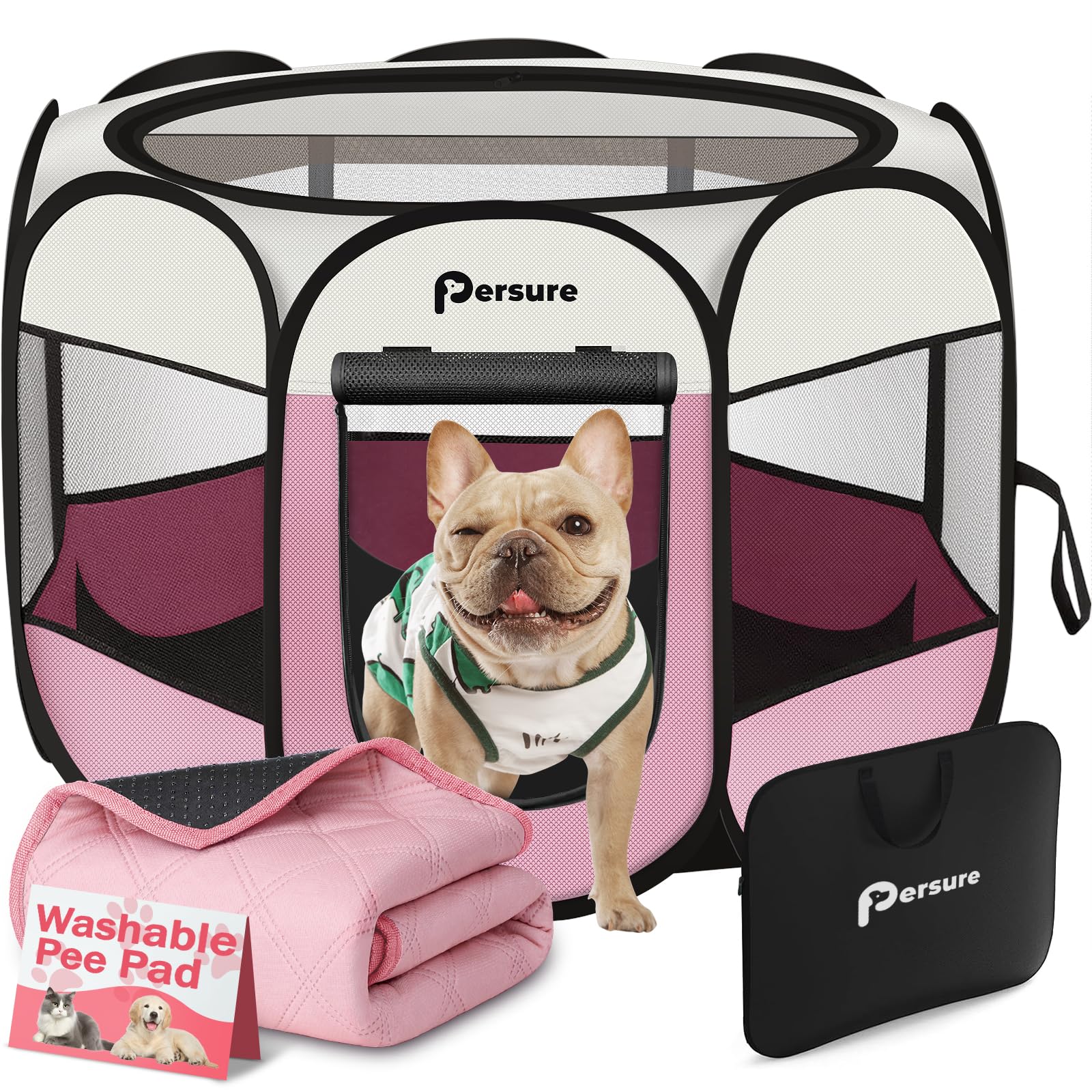 Persure enclos rose pour chien et chat avec ouverture frontale pour un accès facile et sécurisé.