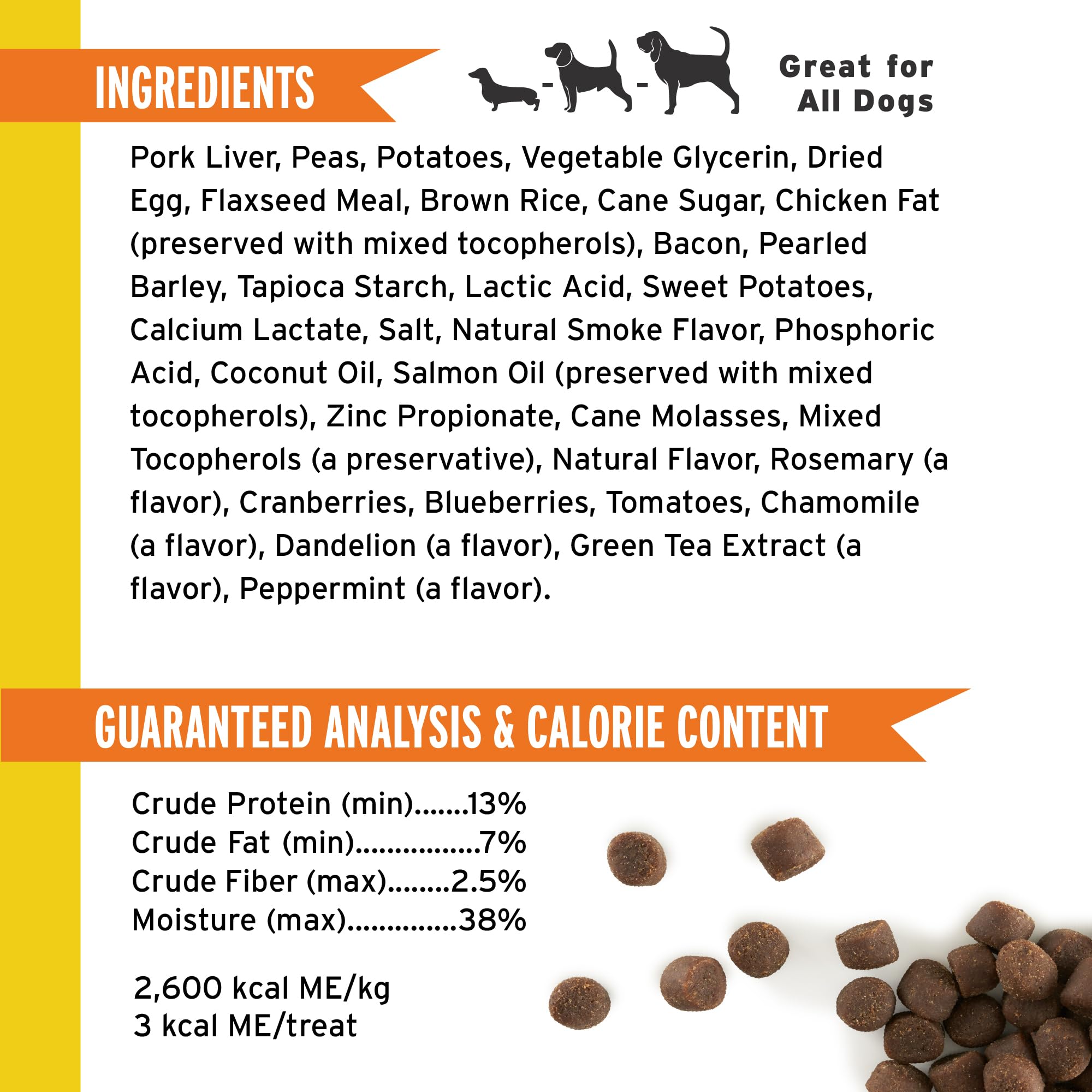 Friandises Pet Botanics tendre et croustillantes saveur bacon pour le dressage.