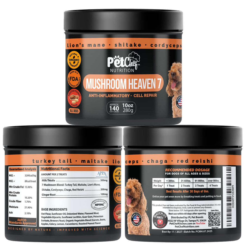Pet Chef Nutrition: mélange champignons pour chiens, soutien immunitaire et digestion potentiels.