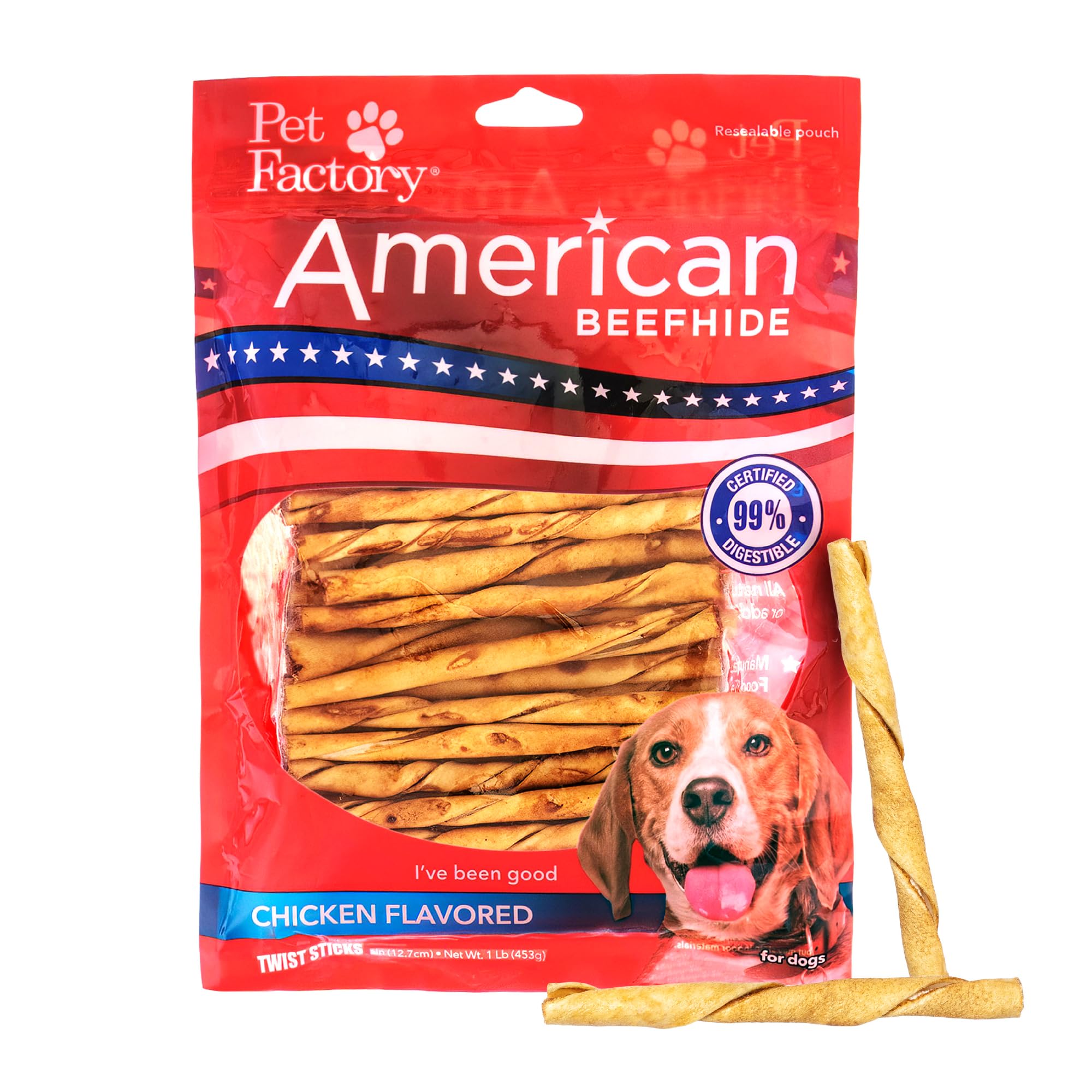 Pet Factory bâton twist boeuf américain 5in, favorise l'hygiène dentaire chez les chiens