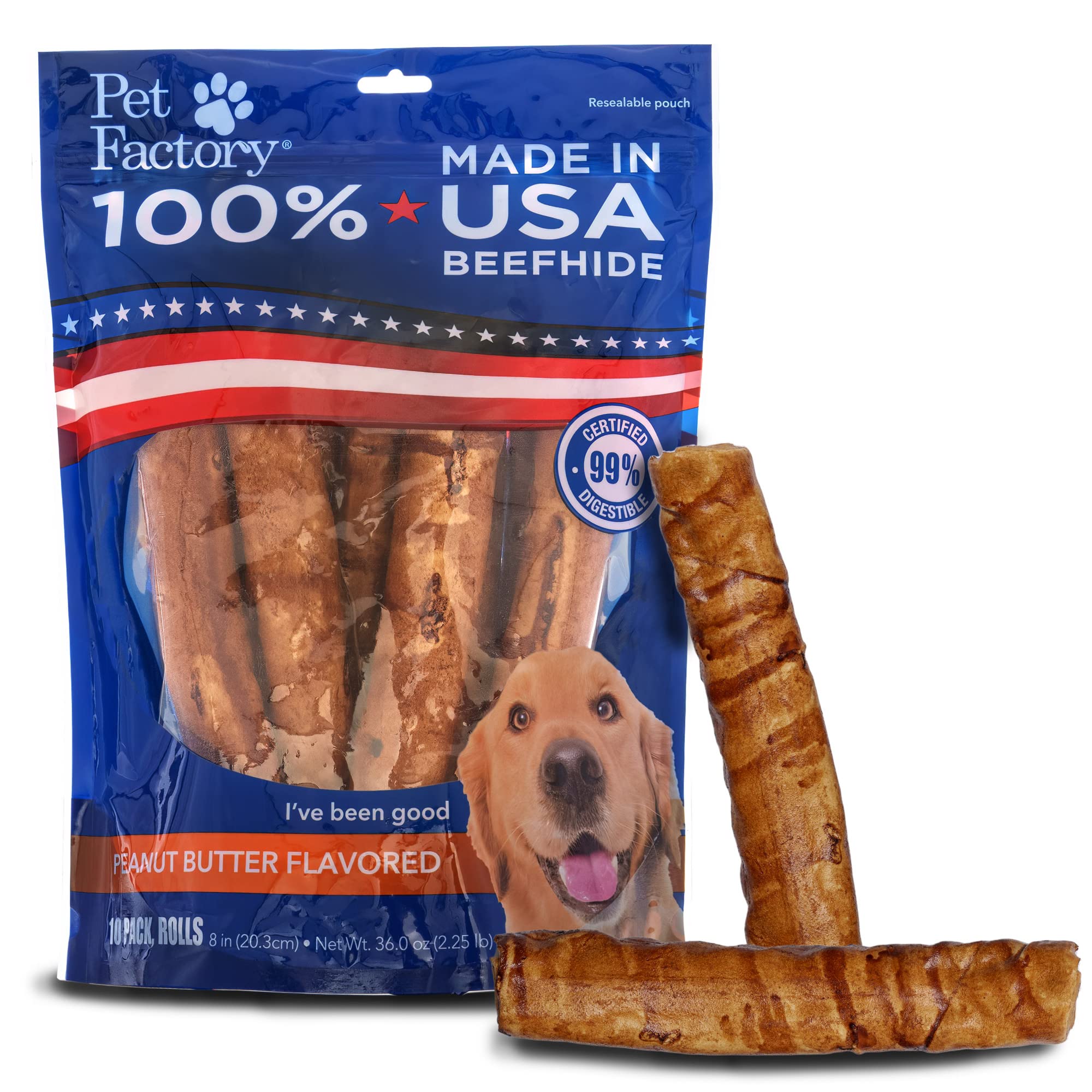 Rouleau Pet Factory Beefhide au beurre d'arachide, 8 pouces, durable.