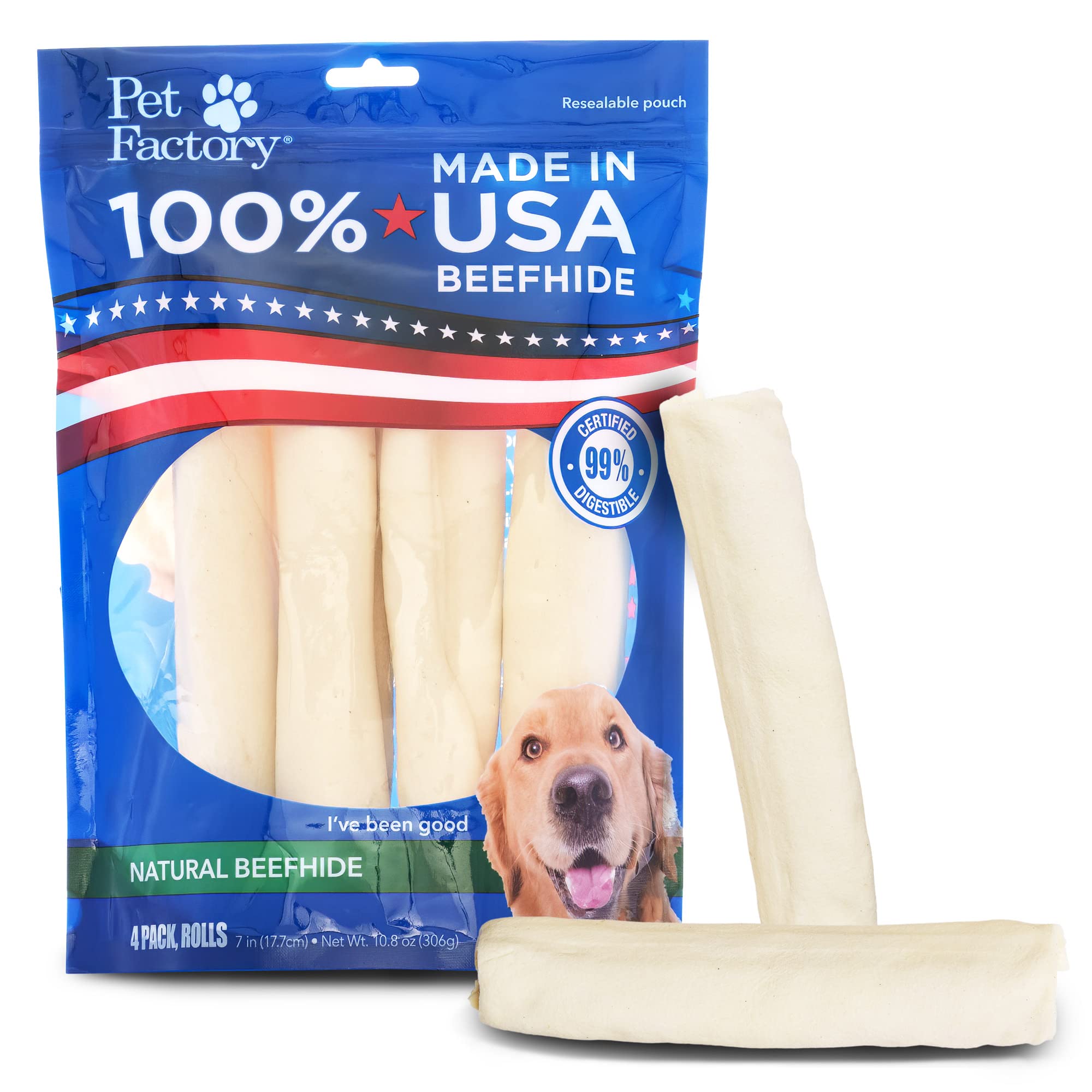 Pet Factory Beefhide rouleaux de 7 pouces naturels, friandise durable pour chiens.