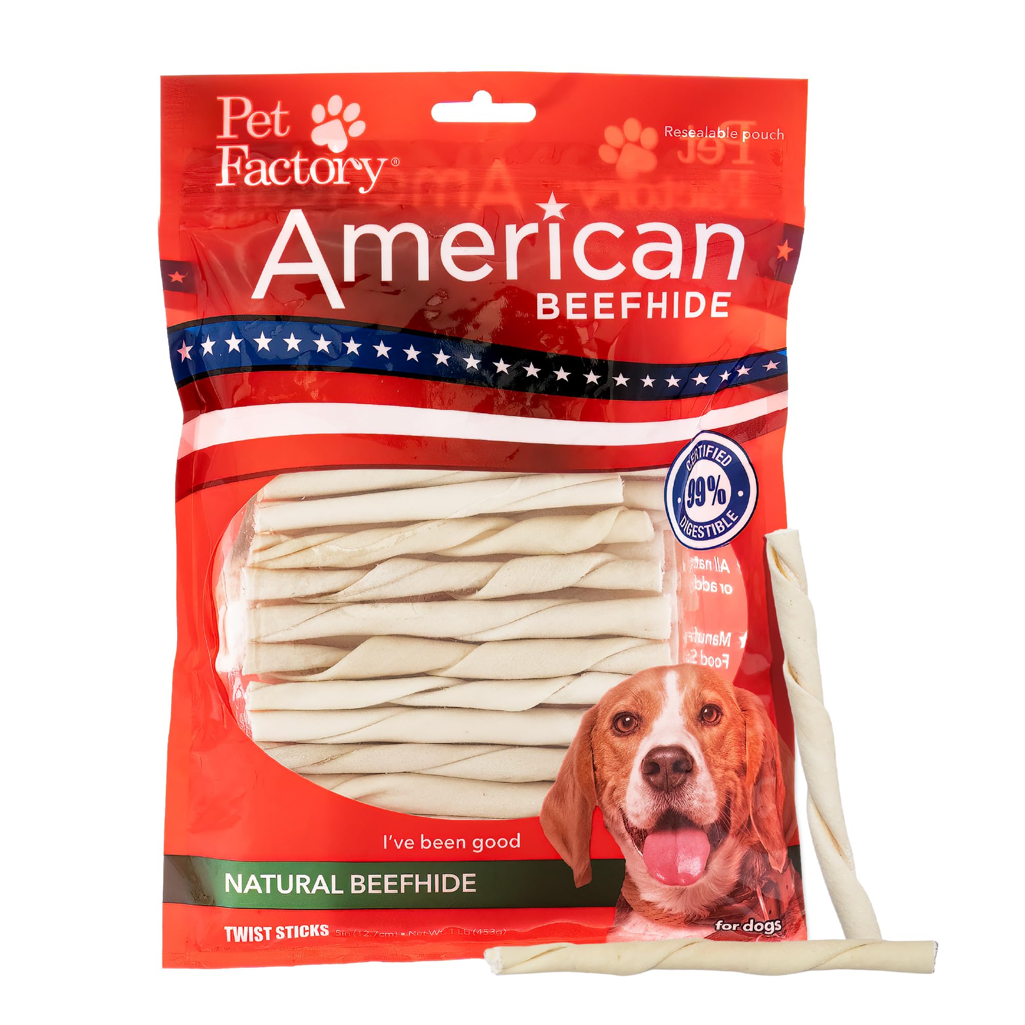 Bâton torsadé Pet Factory en boeuf américain prêt à mâcher pour chiens.