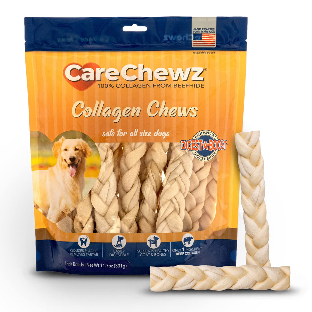 Pet Factory CareChewz baton braide collagene, 6-7 pouces, mastication durable et naturelle.