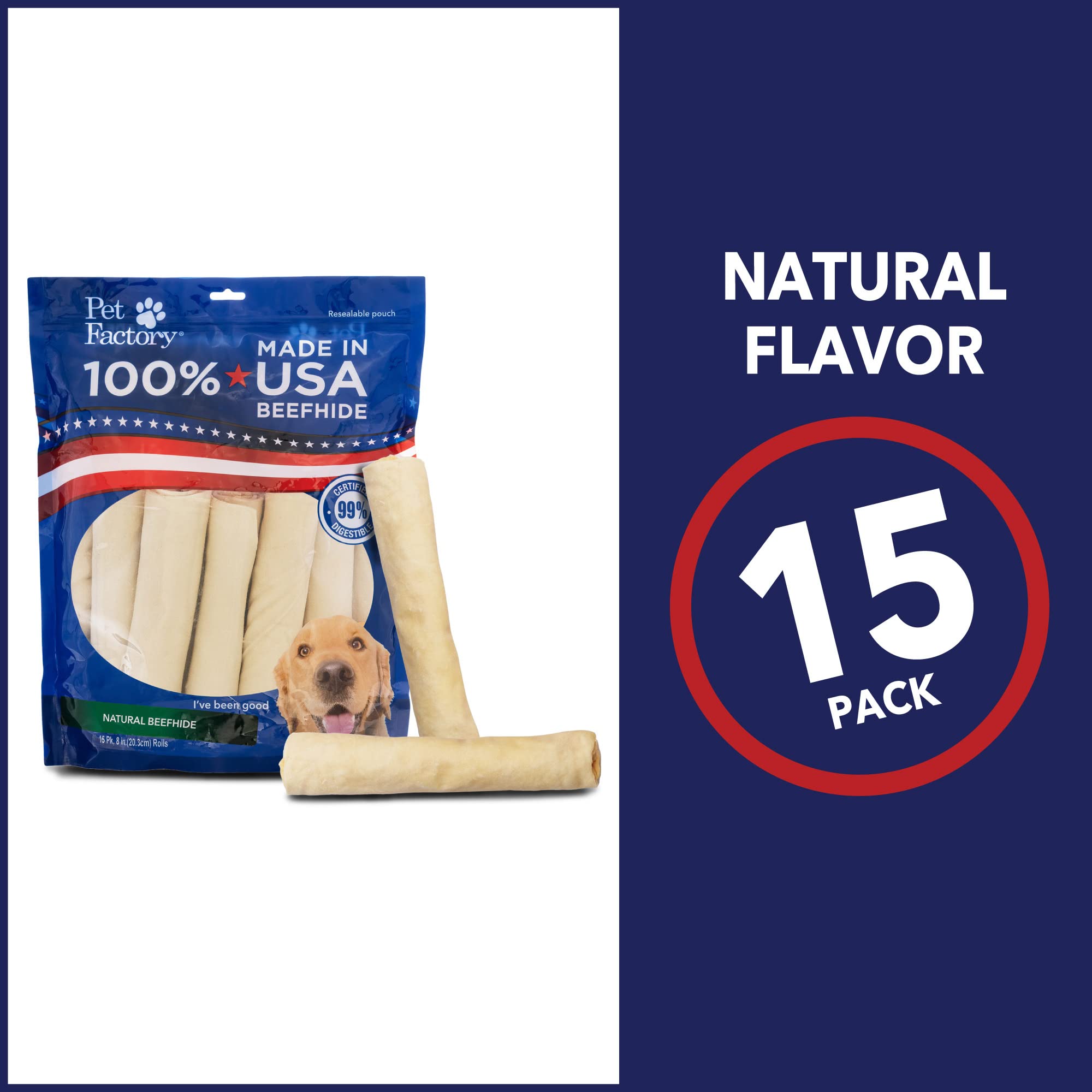 Chien en action avec un rouleau Beefhide Pet Factory, moment de mâchage satisfait.