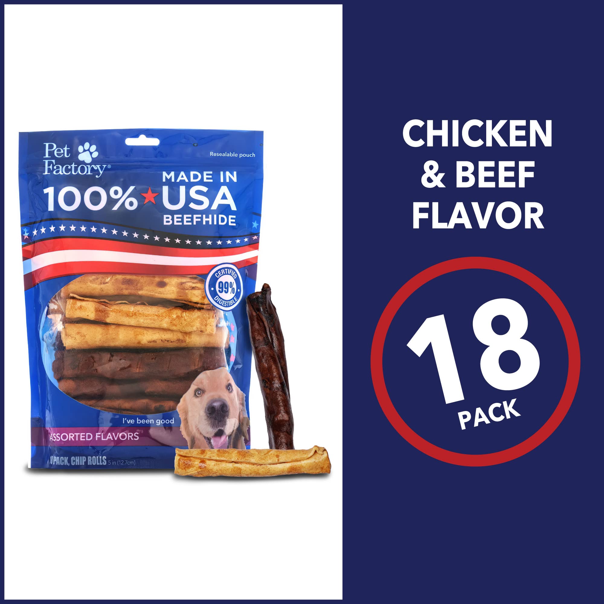 Rouleau chip poulet dentaire Pet Factory 5 pouces, utilisation polyvalente.