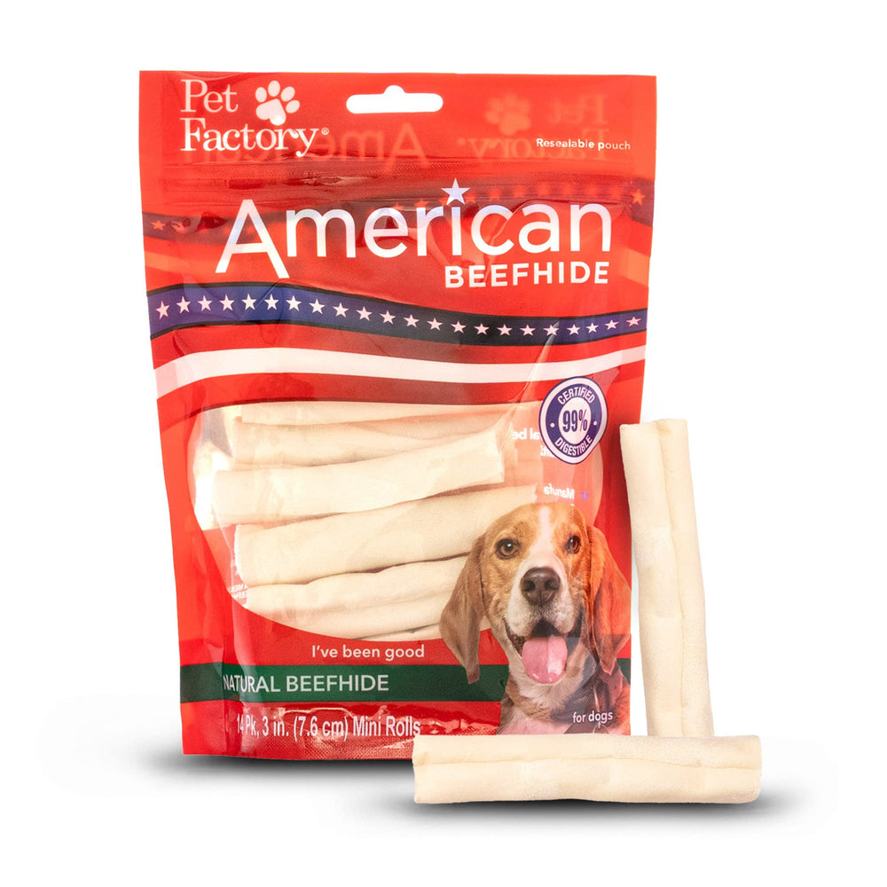 Pet Factory mini-rolls boeuf naturel 3-3-5 pouces, mastication durable et hygiène dentaire.