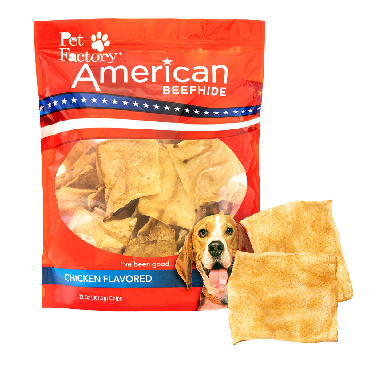 Pet Factory Morceaux de cuir brut au poulet, récompense savoureuse et durable pour chien.