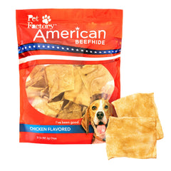 Pet Factory Morceaux de cuir brut au poulet, récompense savoureuse et durable pour chien.