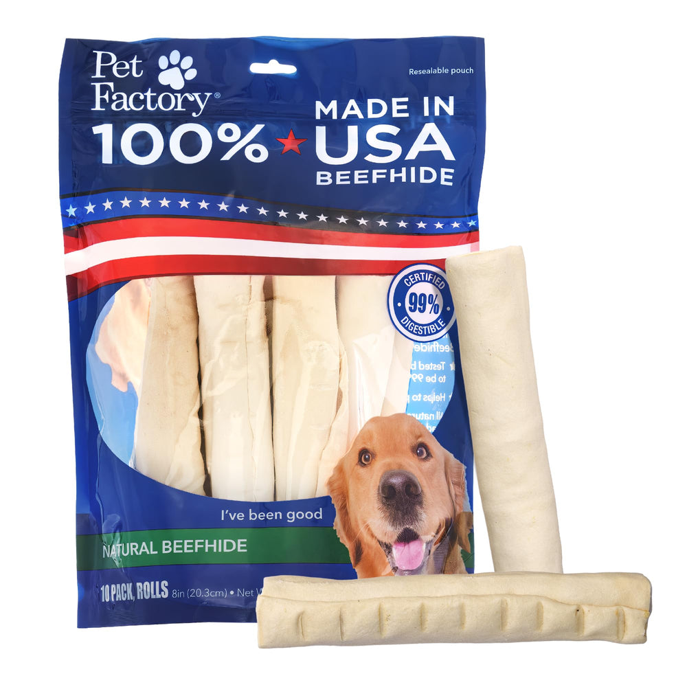 Pet Factory – Rouleaux peau de boeuf 8 pouces, texture robuste pour chien moyen.