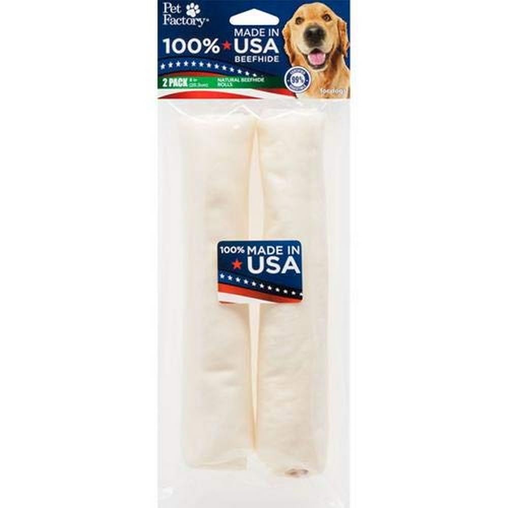 Pet Factory – rouleaux peau de boeuf naturelle de 8 pouces, texture robuste.