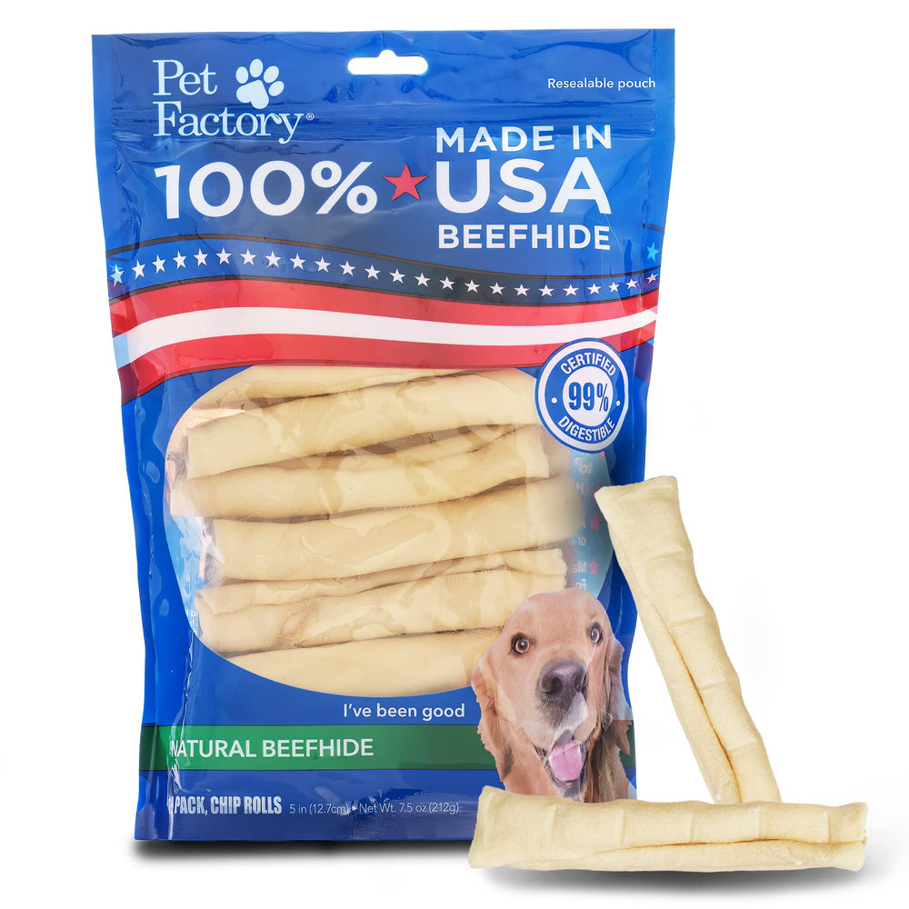 Aperçu des rouleaux Pet Factory peau de bœuf 5 pouces en emballage, friandise naturelle.