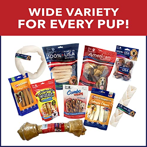 Variété Pet Factory : os noués, rouleaux et chips pour chiens.