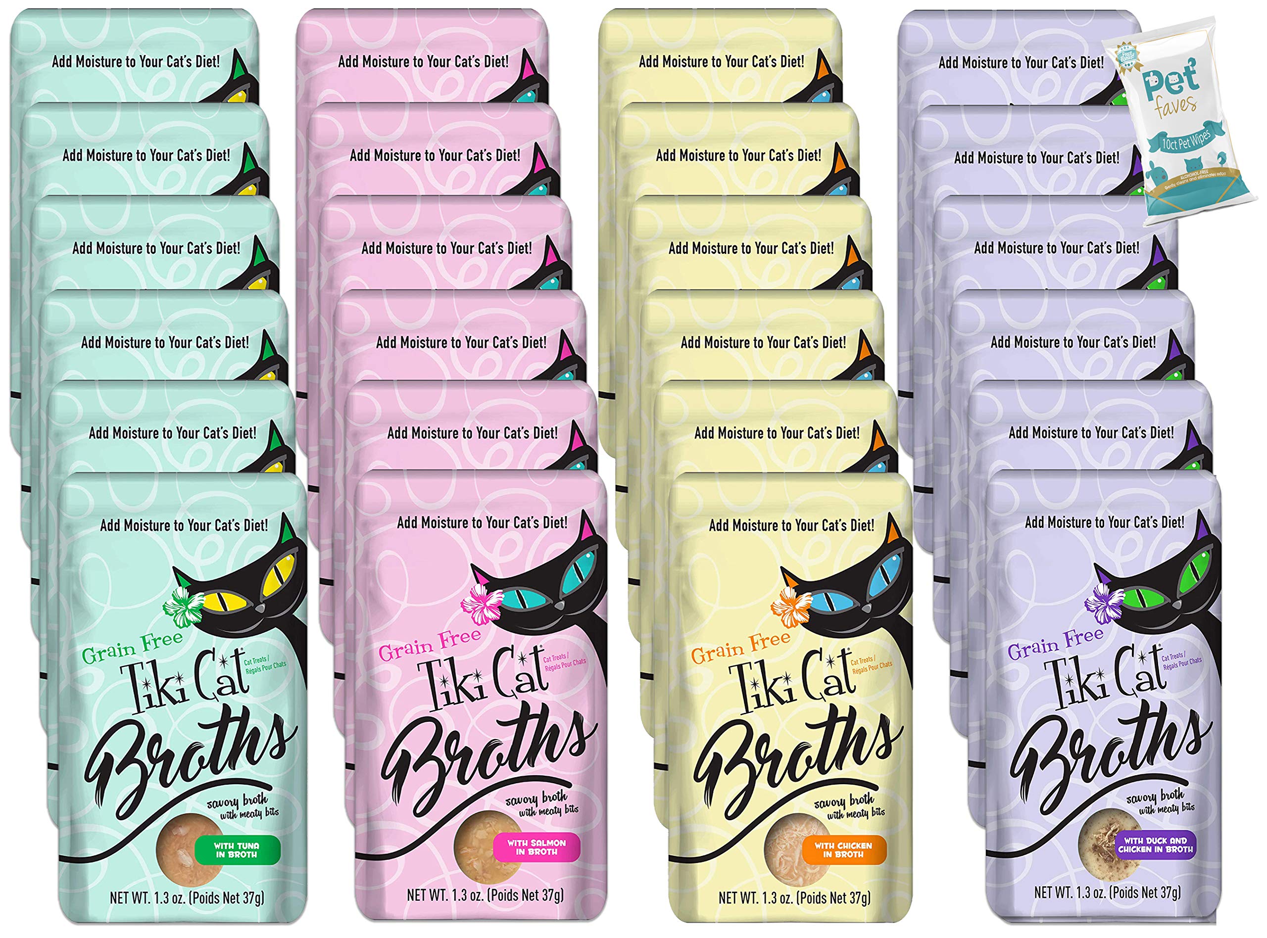 Bouillon savoureux Tiki Cat Pet Faves dans des boîtes pour ajouter humidité et saveur.