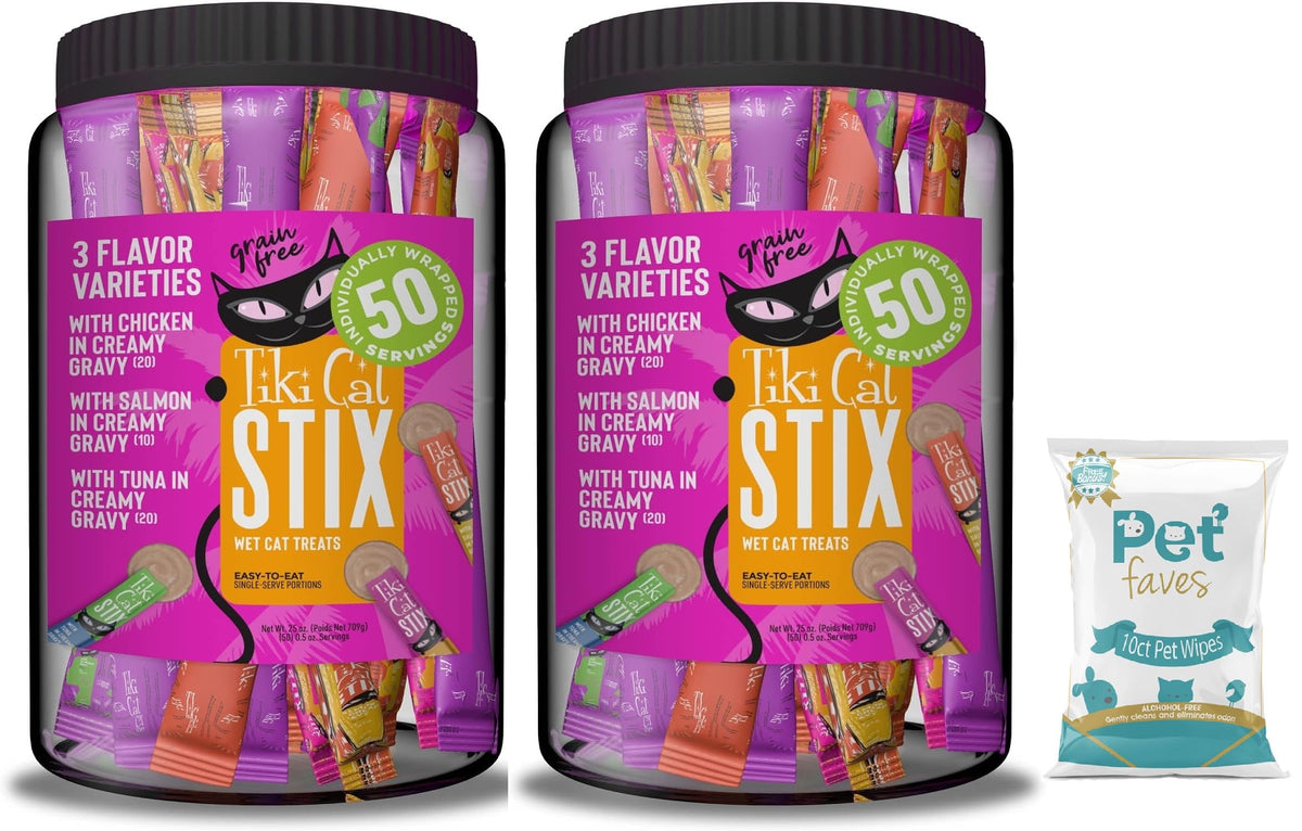 Pet Faves Tiki Cat Stix Mousse dans un grand pot, pratique et généreux.