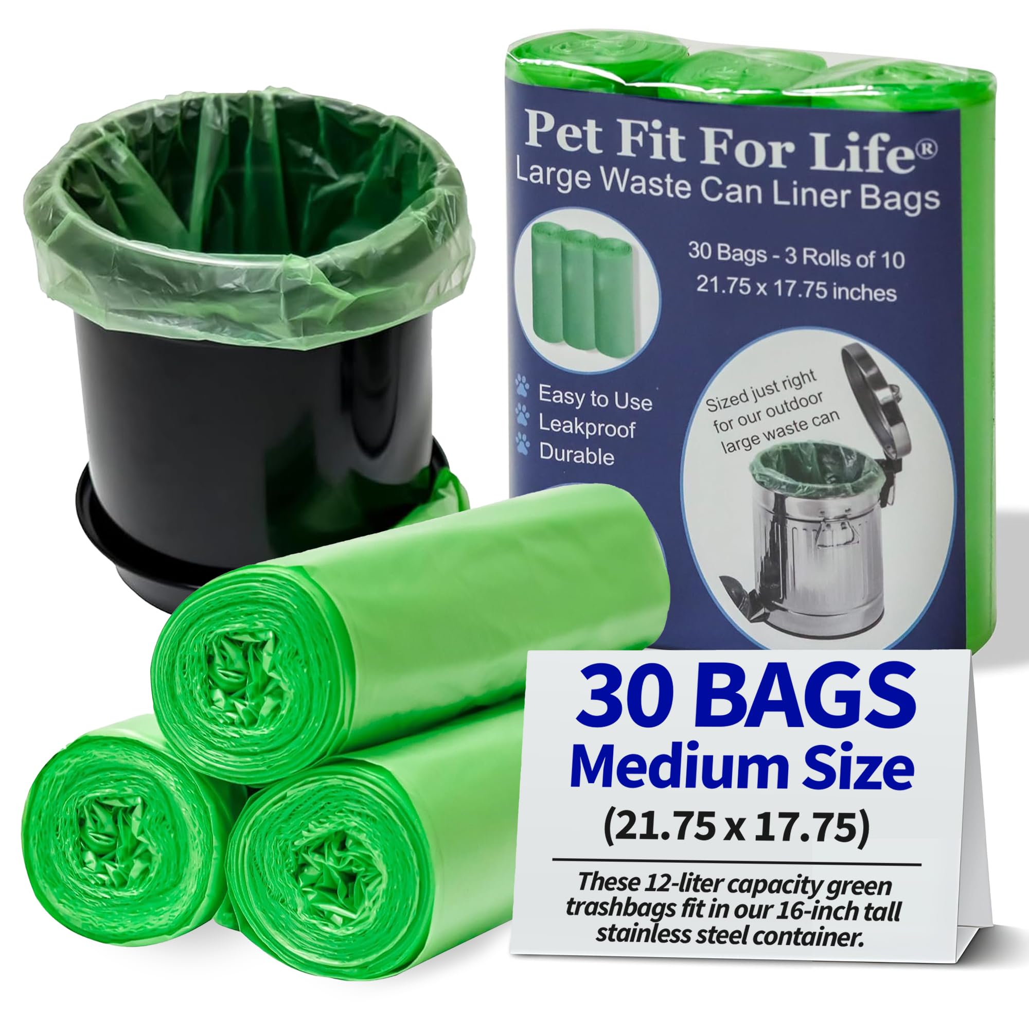 Sacs-poubelle Pet Fit For Life 12L vert, lot de 3 paquets, pratique et anti-fuite.