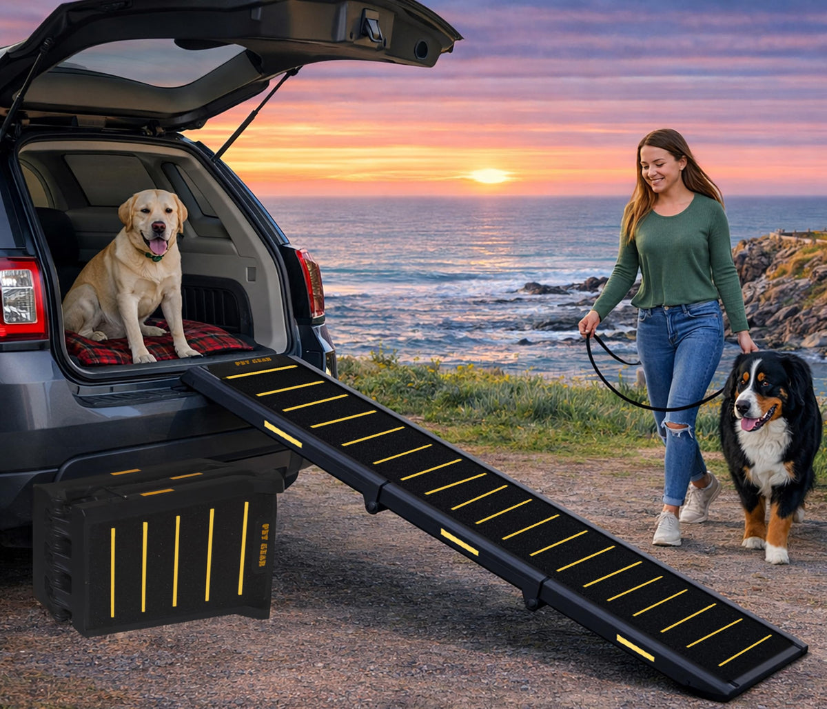 Rampe Pet Gear pour voyage lumineuse guidant l’animal vers le véhicule avec visibilité accrue