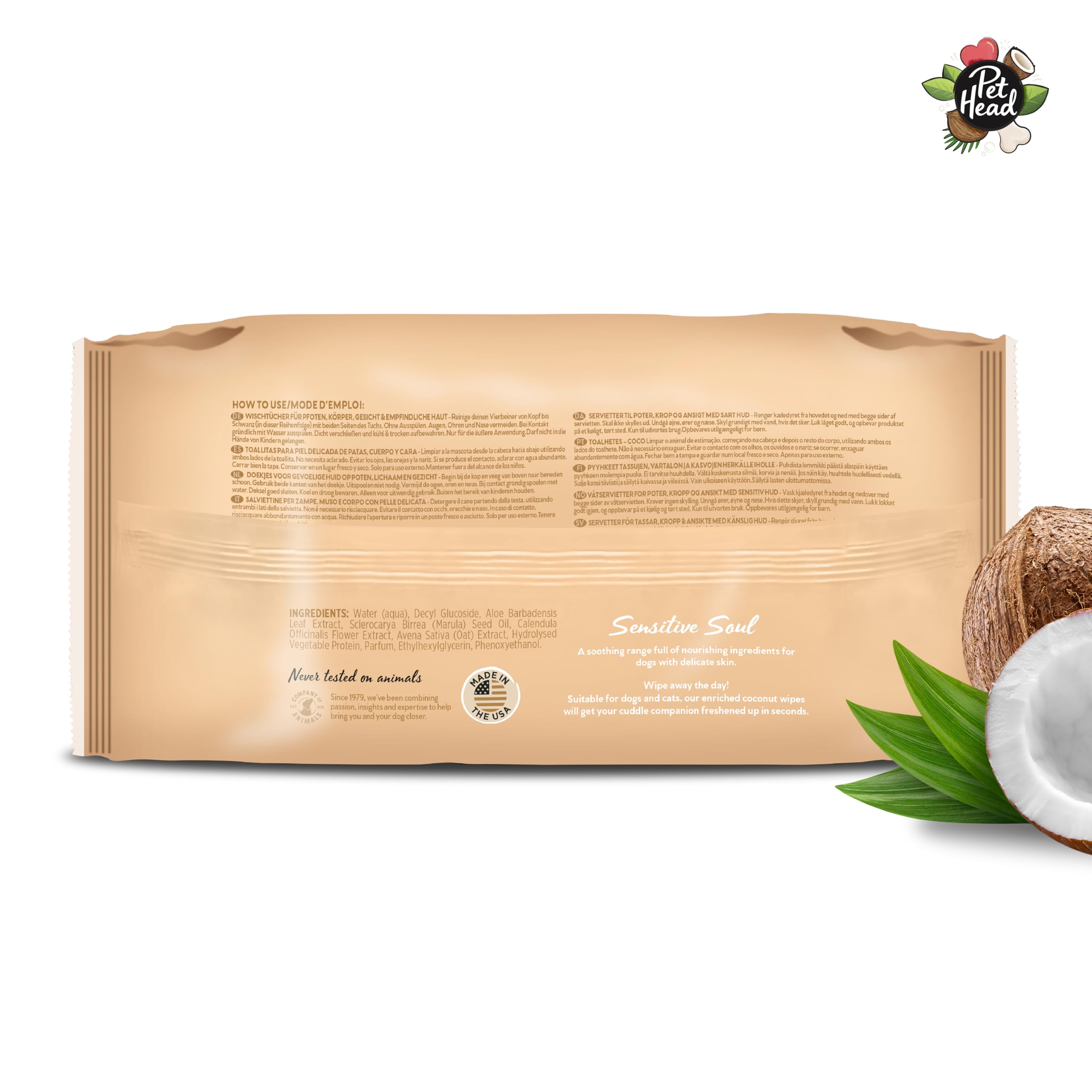 Pet Head Sensitive Soul – lingettes corps et visage, pratique et hydratantes.