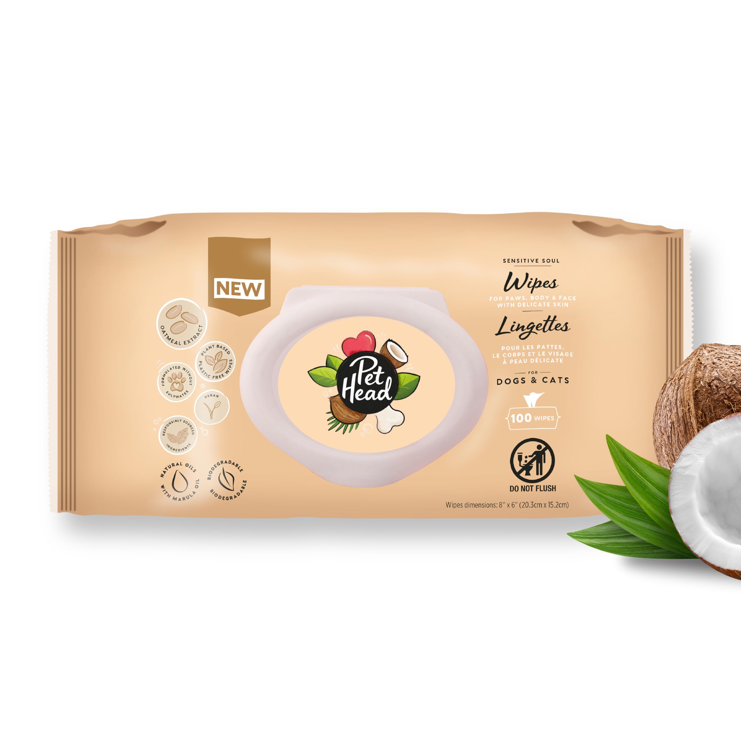 Pet Head Sensitive Soul – lingettes pattes, nettoyage rapide et doux.