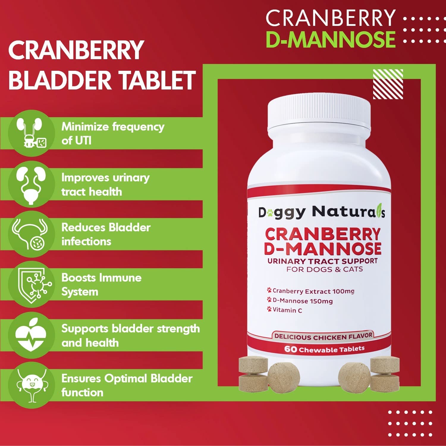 Pet Health Pharma Cranberry D-Mannose boite-60-comprimes-poulet: format pratique pour une supplémentation régulière.