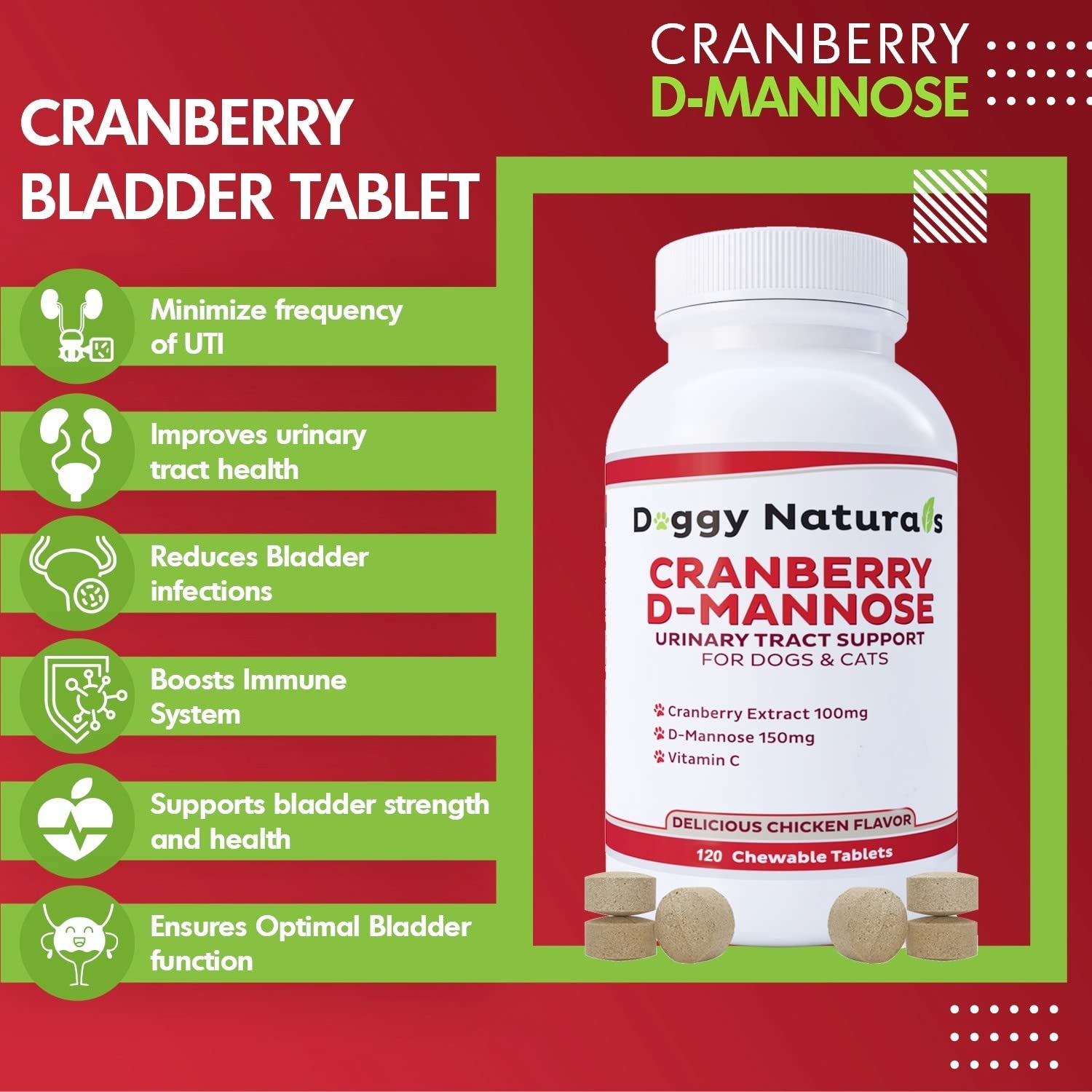 Tablettes appétentes Cranberry D-Mannose, odeur poulet facilitant la prise.