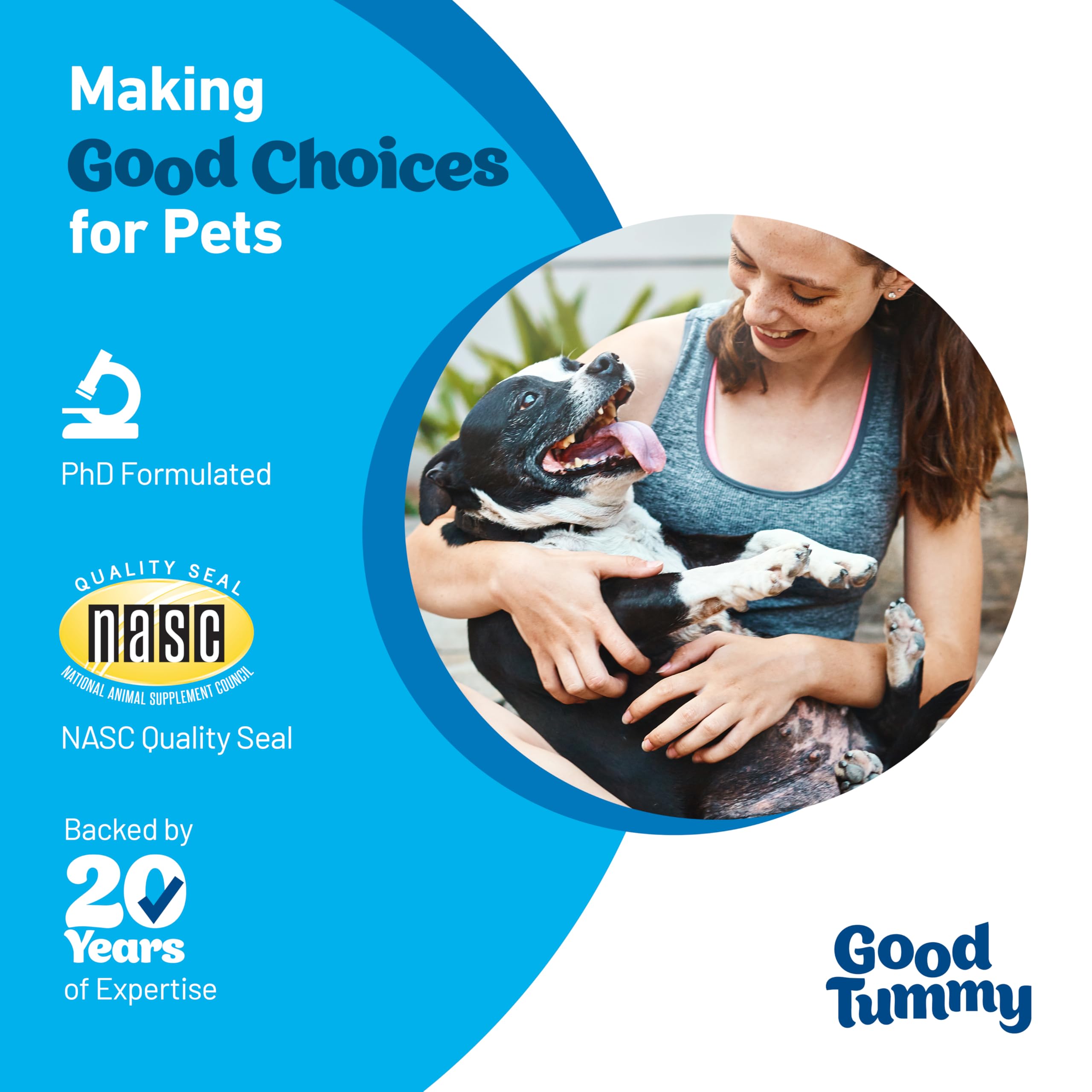 Étiquette Pet HealthWorks Good Tummy Chews indiquant 60 bouchées et conseils d’utilisation.