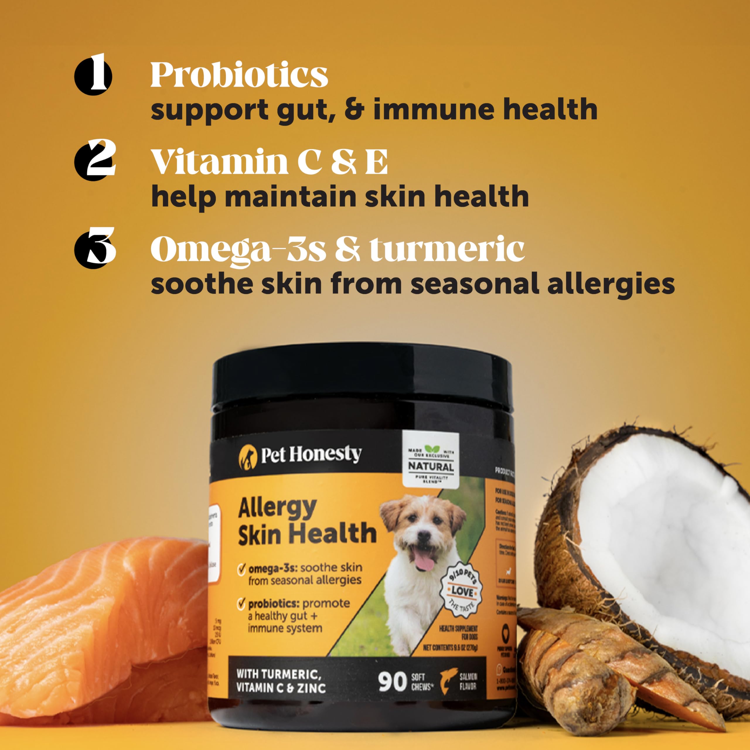 Pet Honesty Allergy Skin Health – oméga-3 et huile de poisson pour peau hydratée.