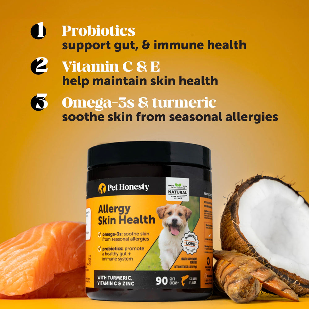 Pet Honesty Allergy Skin Health – oméga-3 et huile de poisson pour peau hydratée.