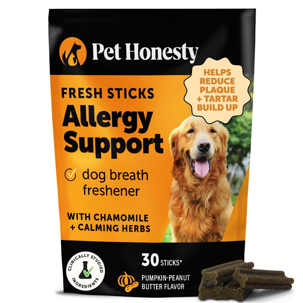 Pet Honesty Allergy Support Fresh Dental Sticks — emballage du produit et friandise naturelle