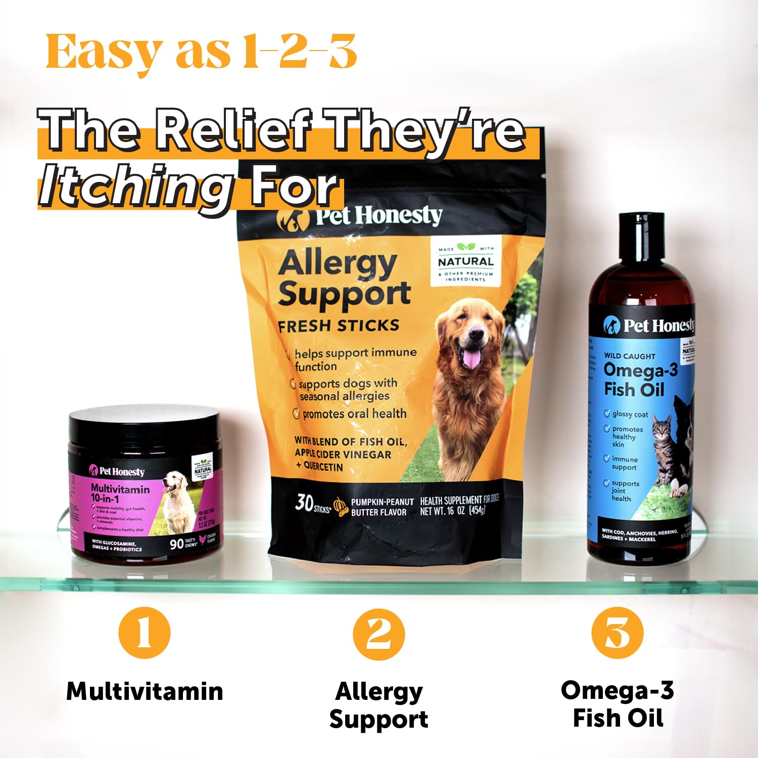 Pet Honesty Allergy Support Fresh Dental Sticks — oméga et colostrum pour peau et pelage sains