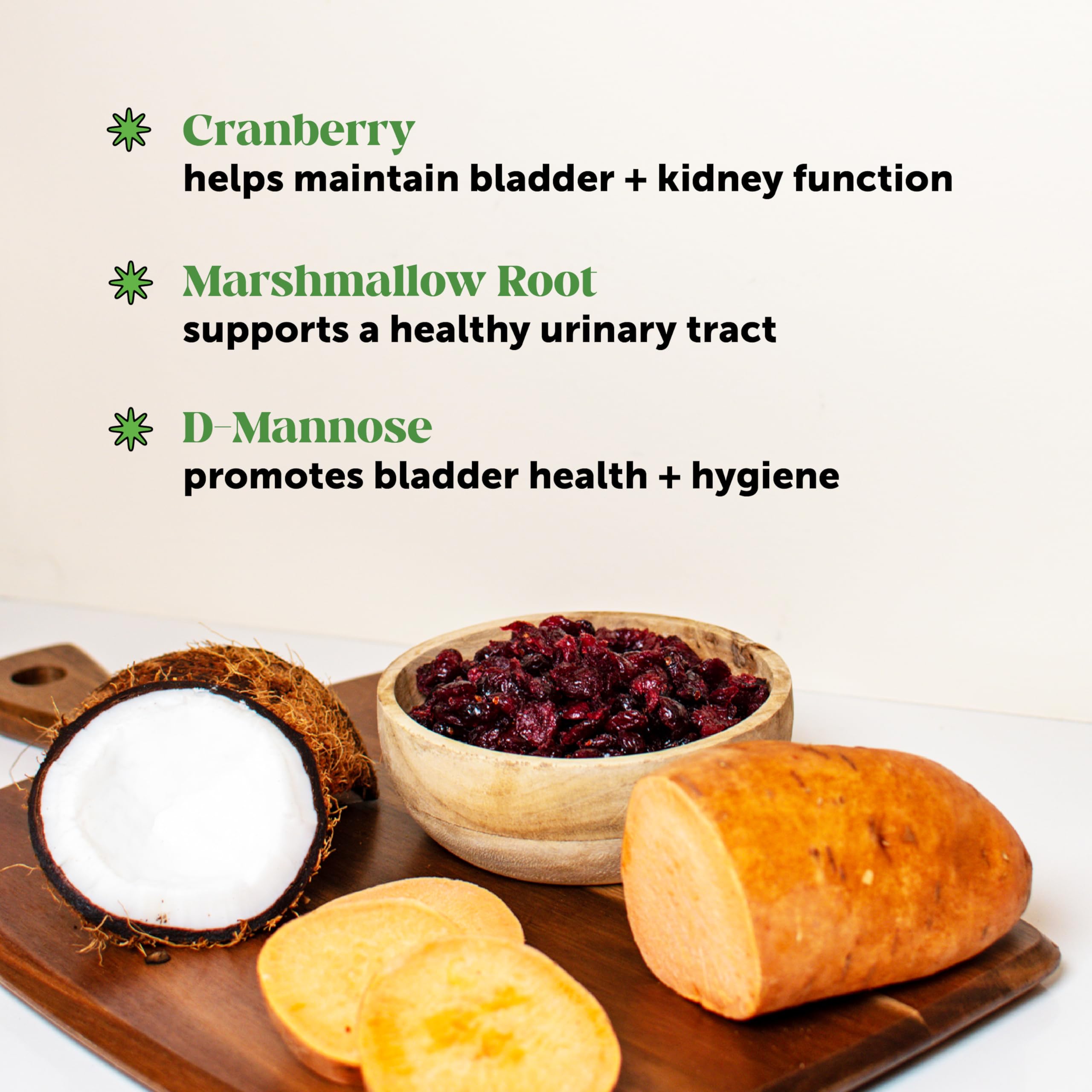 Tableau ingrédients Pet Honesty Bladder Health Cranberry – canneberge et guimauve pour le bien-être urinaire.