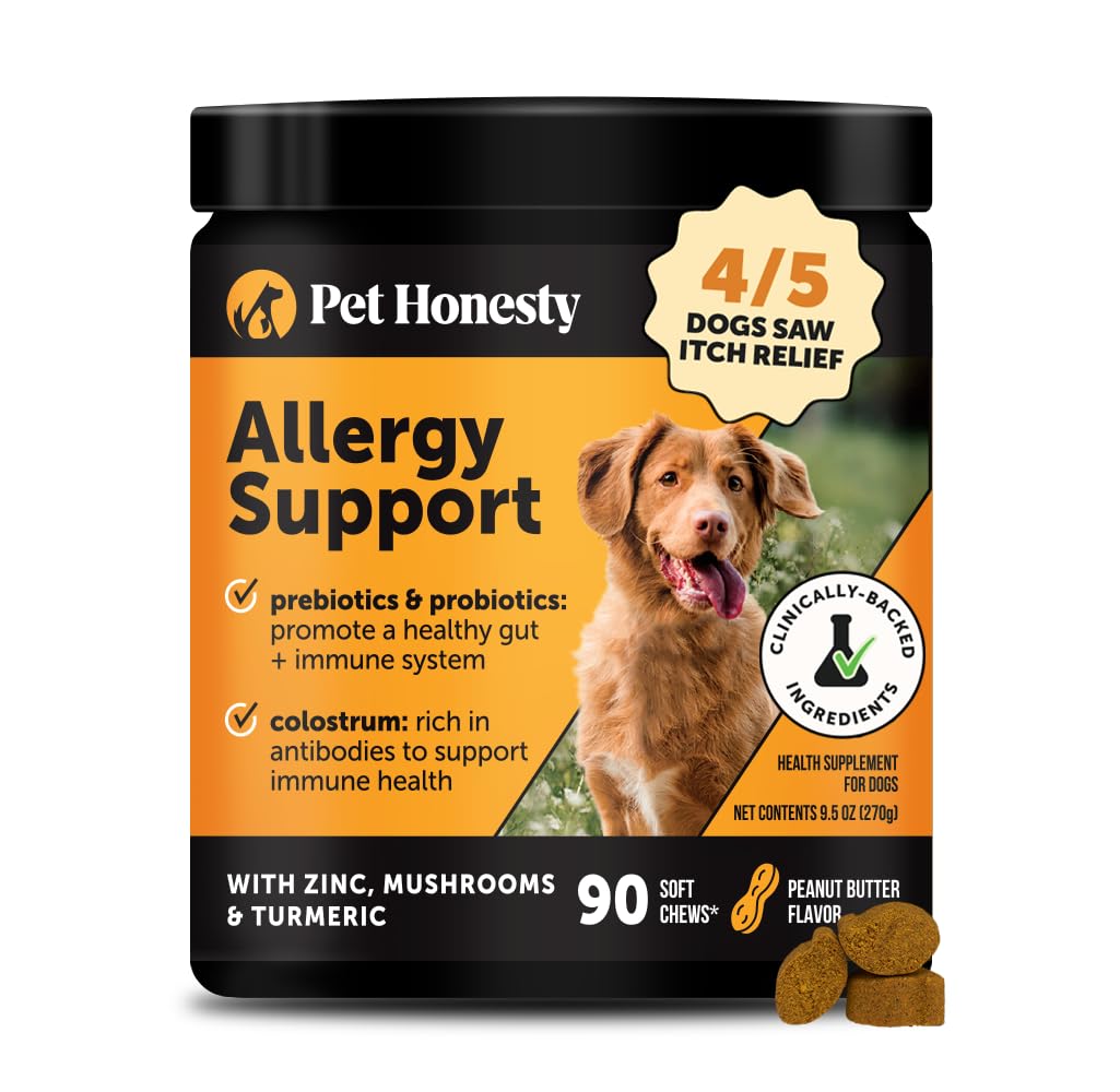 Bouteille Pet Honesty avec bouchées allergie chien, soutien immunitaire potentiel.