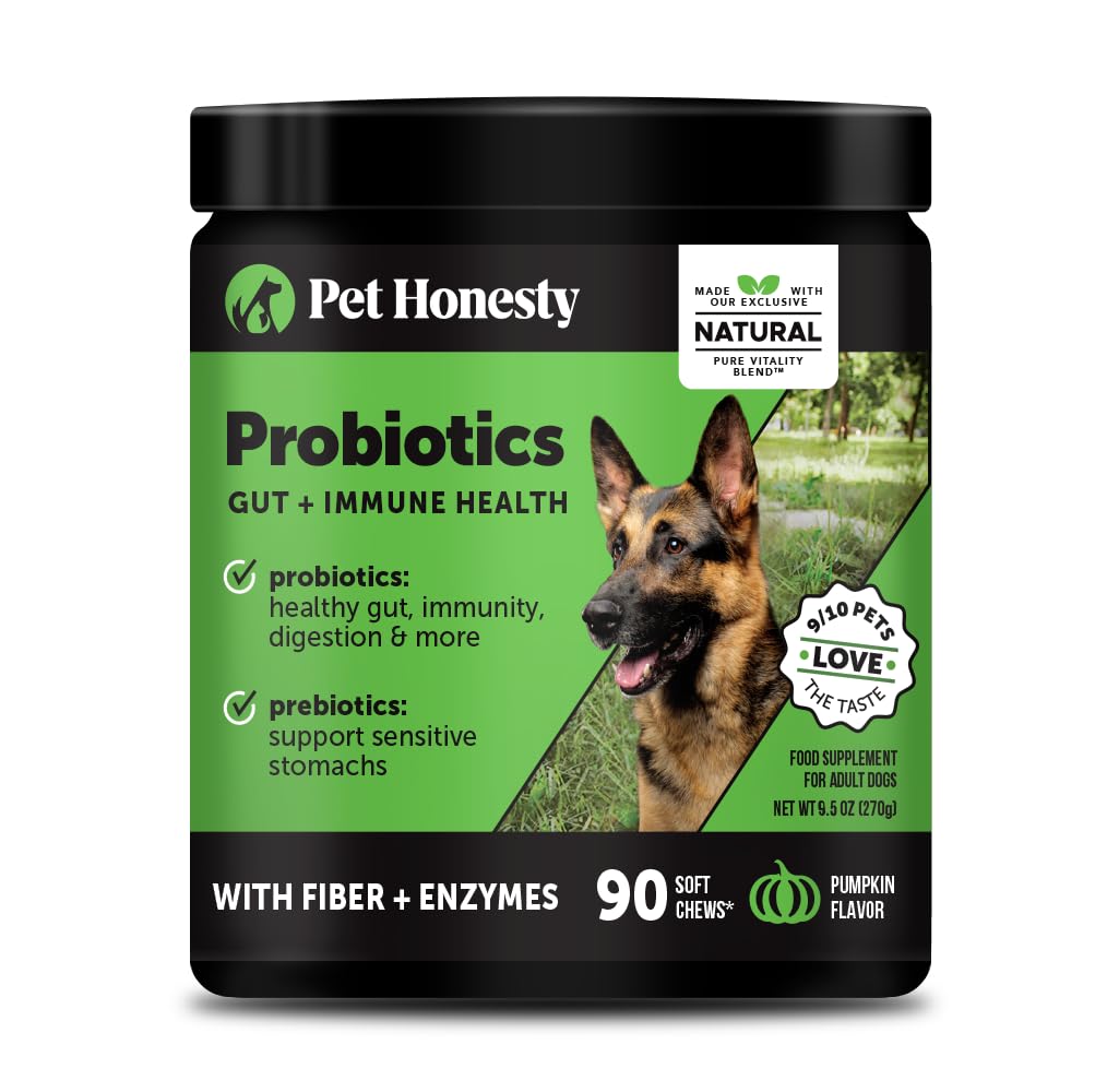 Pet Honesty Probiotiques pour chien, bouteille visible, soutien digestif quotidien et énergie.