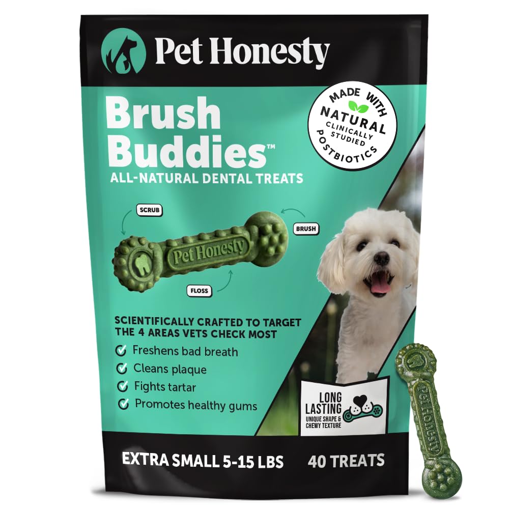 Pet Honesty Brush Buddies bâton dentaire pour petits chiens, haleine plus fraîche.