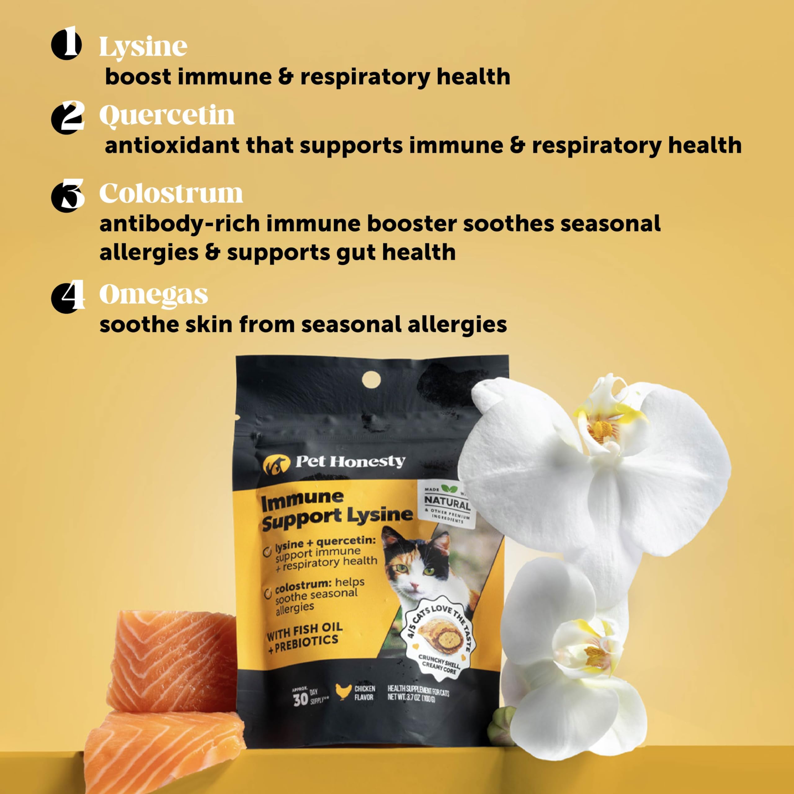 Friandise Pet Honesty Lysine appréciée par le chat pour une routine immunitaire.