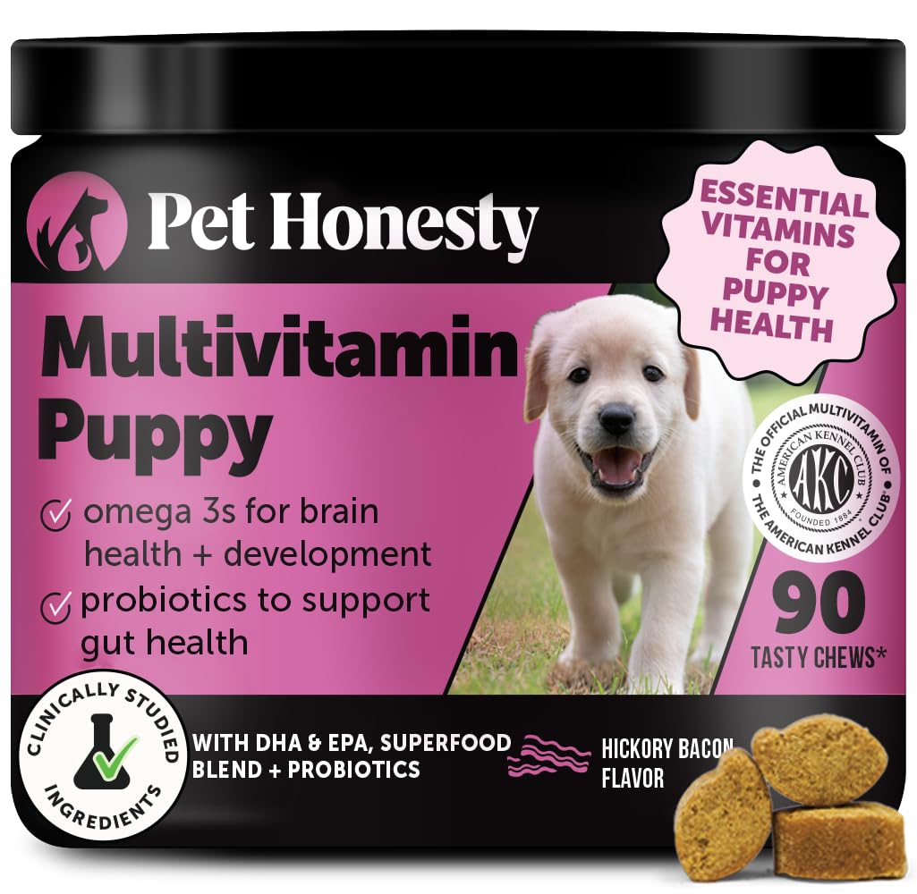 Friandises chiot Pet Honesty multivitamines; goût Hickory Bacon, soutien potentiel à la croissance et énergie quotidienne.