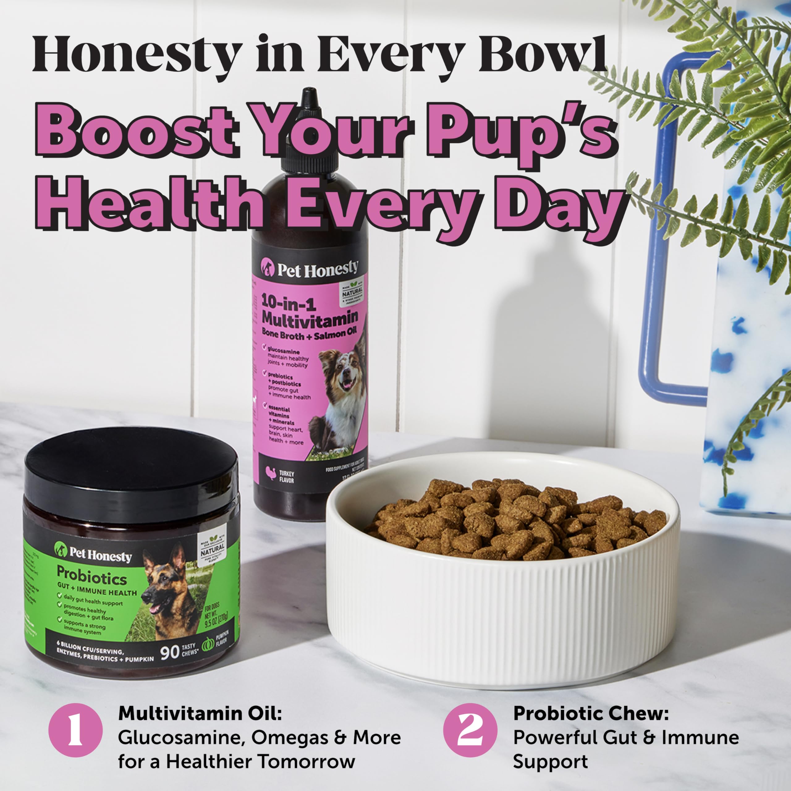 Ingrédients naturels Pet Honesty, formule bénéfique pour le bien-être général du chien.