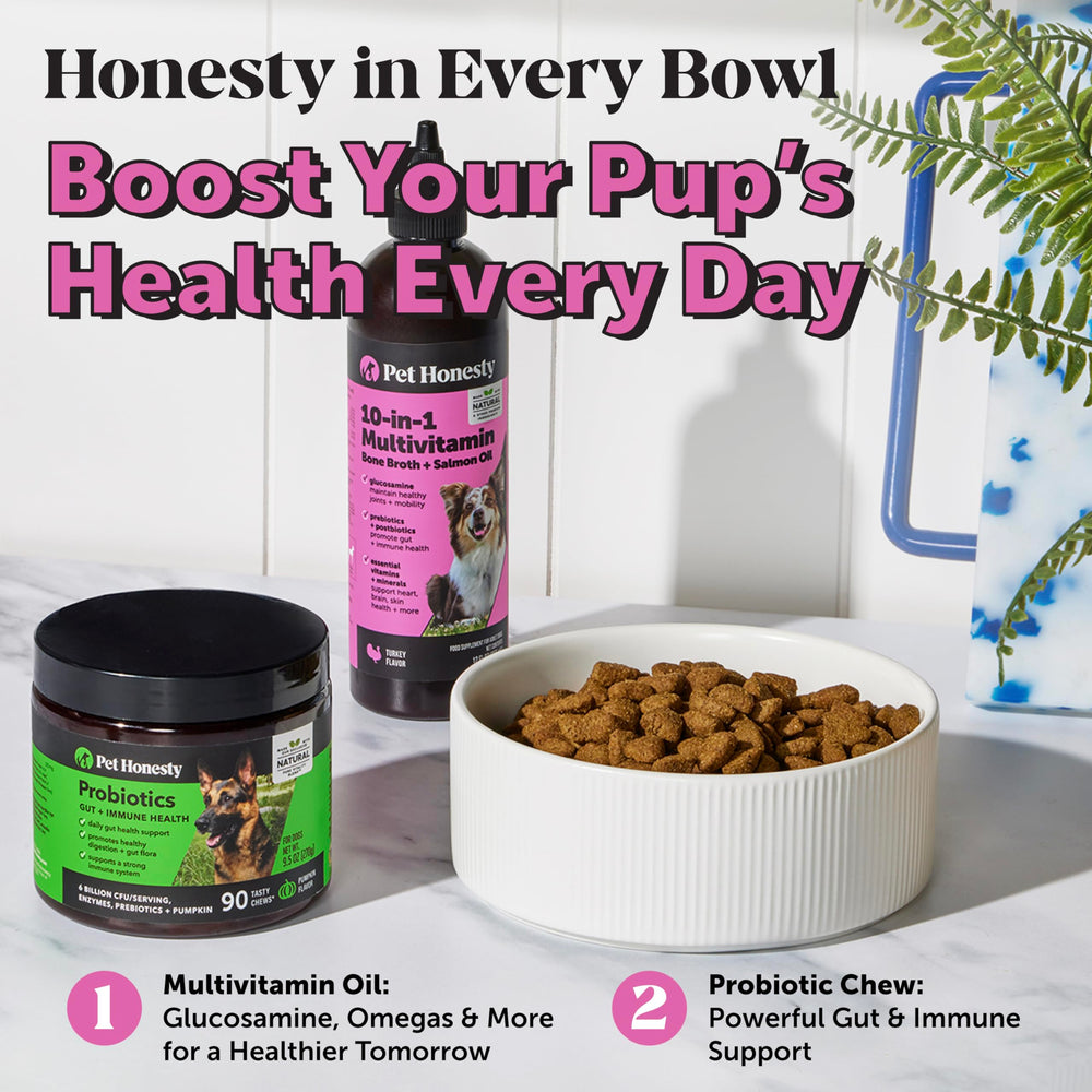 Ingrédients naturels Pet Honesty, formule bénéfique pour le bien-être général du chien.
