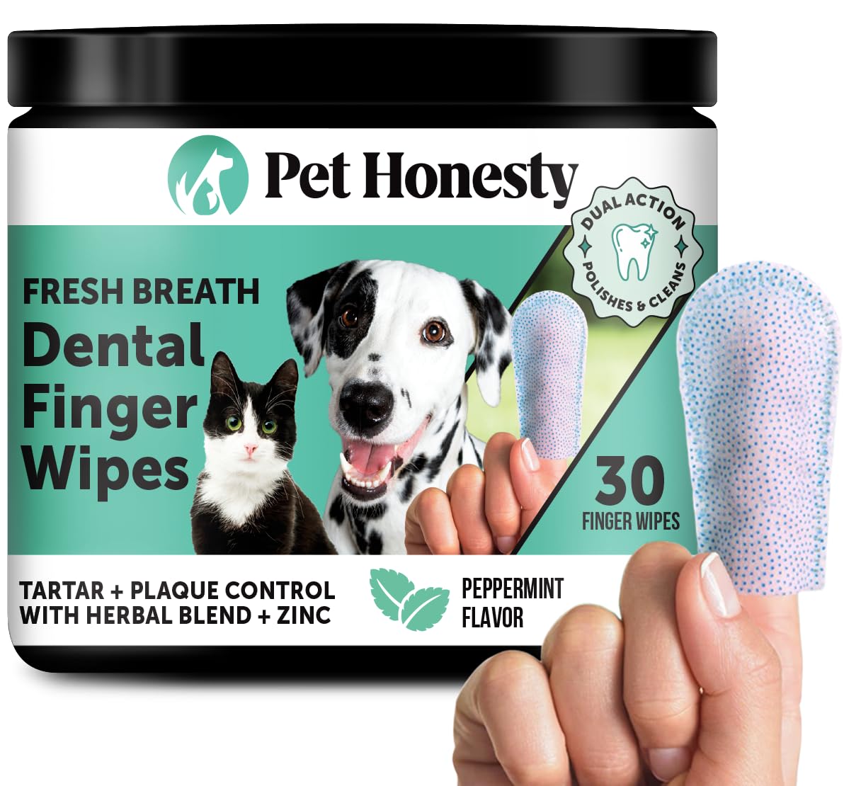 Pet Honesty Lingettes dentaires sur doigt pour chien et chat, nettoyage pratique et sûr.